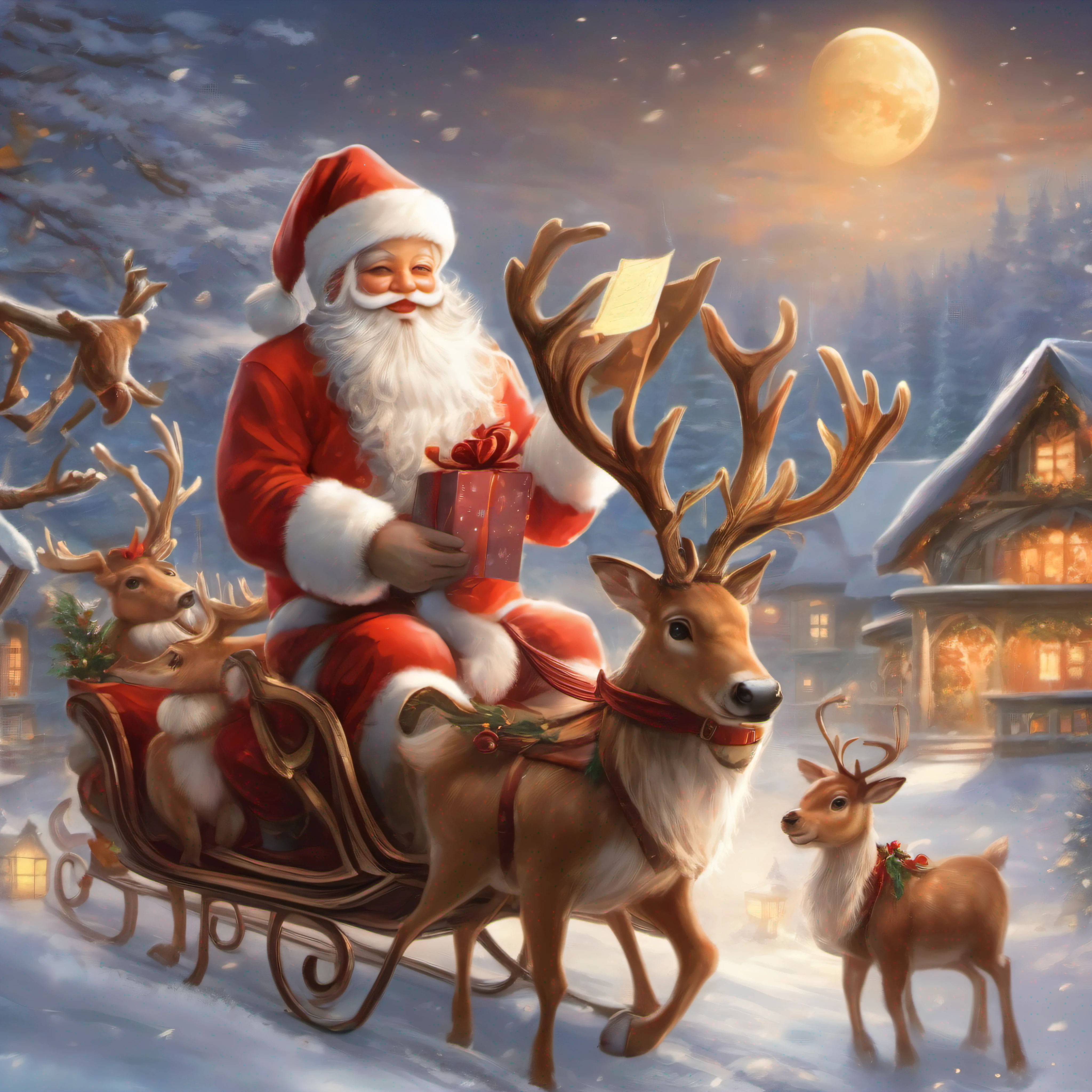 Nine reindeer marched briskly,Pull a gorgeous sleigh and speed by。The sleigh is full of beautiful gifts,Exudes a charming aroma。Santa Claus sits on a sleigh,Dressed in a gorgeous red coat,Wearing a white hat,Smiling。 Santa Claus and the reindeer are immersed in a joyous atmosphere,Their eyes twinkle with kindness and warmth。The reindeer have bells hanging from their antlers,As they run,Make a pleasant jingle sound。Santa Claus holds a list in his hand,Carefully check each 's name,Make sure there are no omissions。 Snowflakes fell on them one after another,It adds a layer of mystery to the whole scene。Behind Santa Claus is a bright moon。