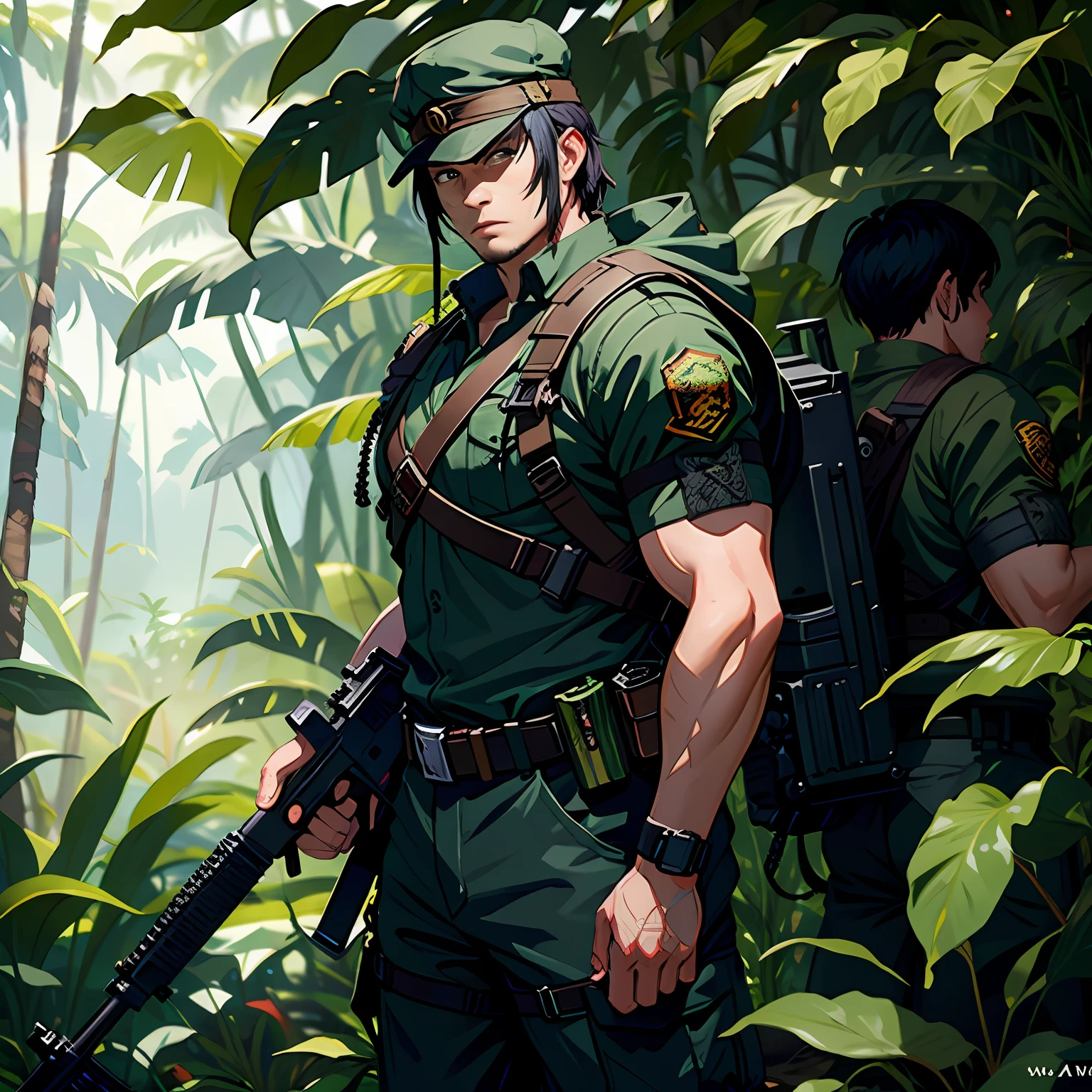 Heavily armed warriors stand in the jungle,The expression is firm and serious