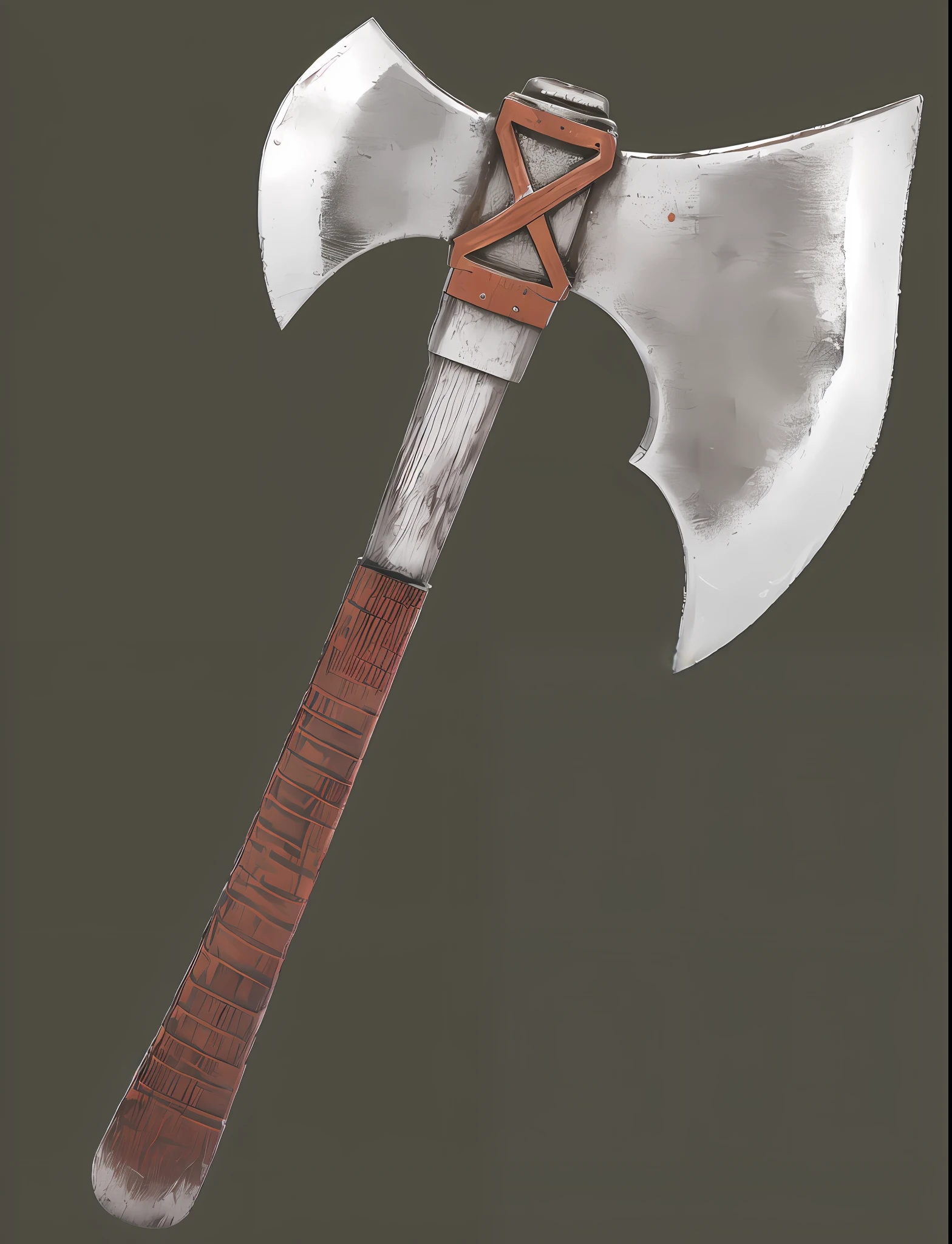 Il y a une grande hache avec un manche en cuir sur fond noir, hache de guerre, hache de guerre, Faux fantaisie, Axes, Dual-handling axes, Arme fantastique, Medieval weapon, giant axe, Hachette de haute technologie, Arme naine, axe, inspired by János Saxon-Szász, hallebarde, with a two-handed axe