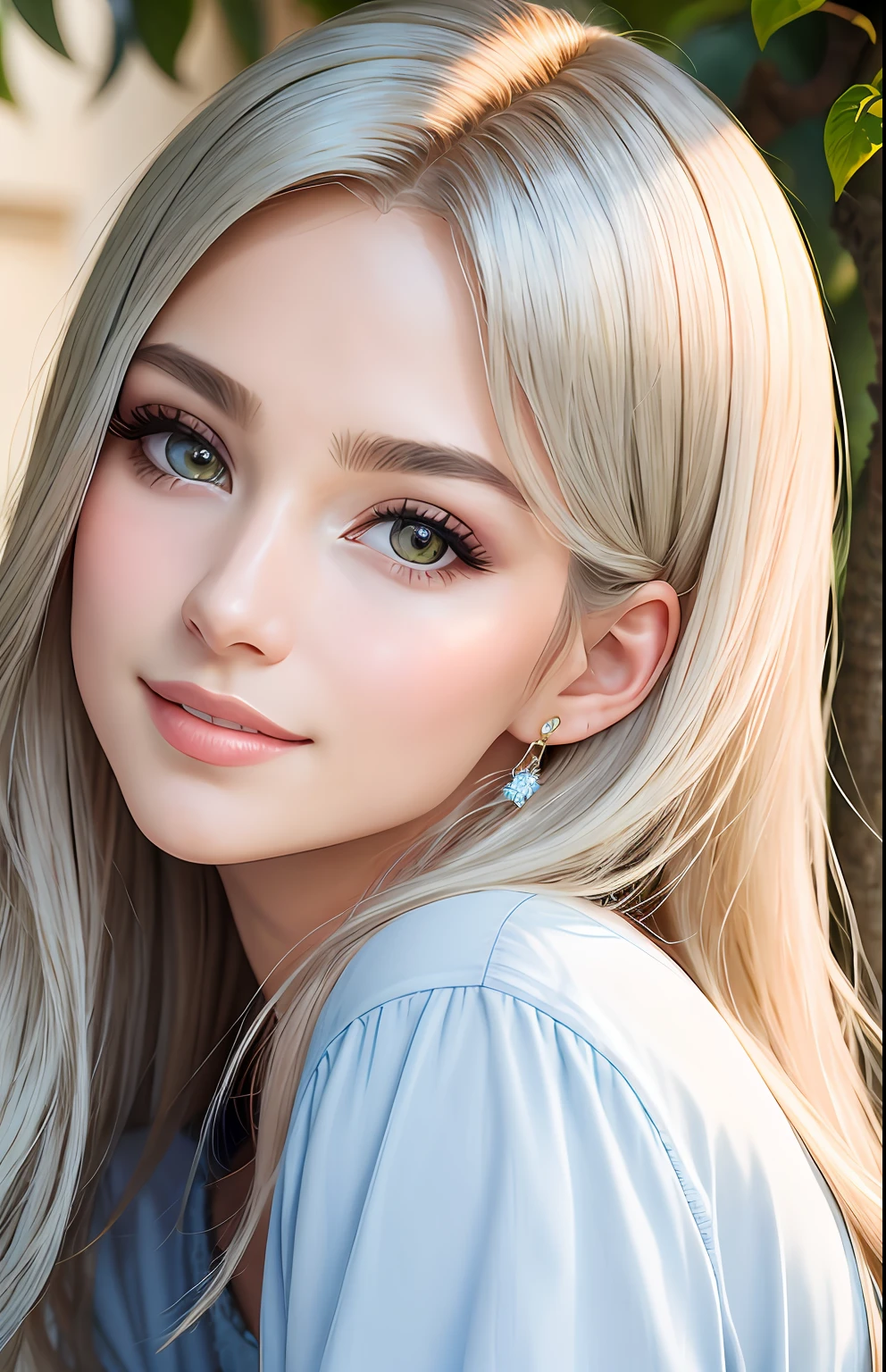 animesque、portraitures、One Person２０age、Pretty Woman、Moisturized eyes、Casual clothing、a picture、oval jaw、beautiful countenance、The hair、Silvery eyes with a beautiful shine,,、LDS Art