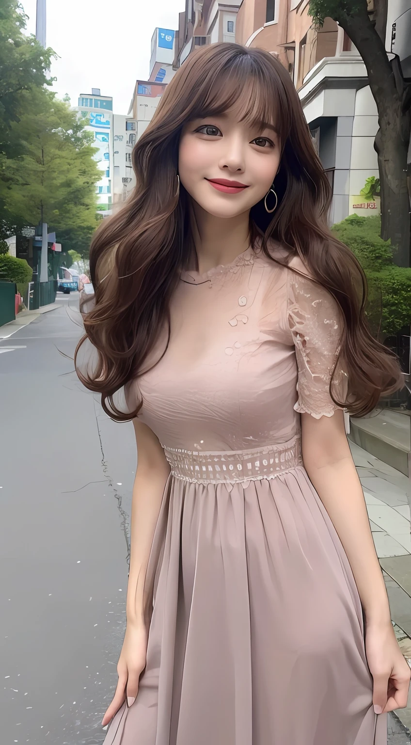 ((top-quality、8K、masterpiece:1.3))、1girl in、A smile、full body Esbian、Slim Faces、Pretty women、(dark brown hair)、Full-length dresses:1.1、hyperdetailed face、A detailed eye、二重まぶた、blured background、Slim Faces、城市、takeout、a street、With bangs、Curly hair、a park、frontage