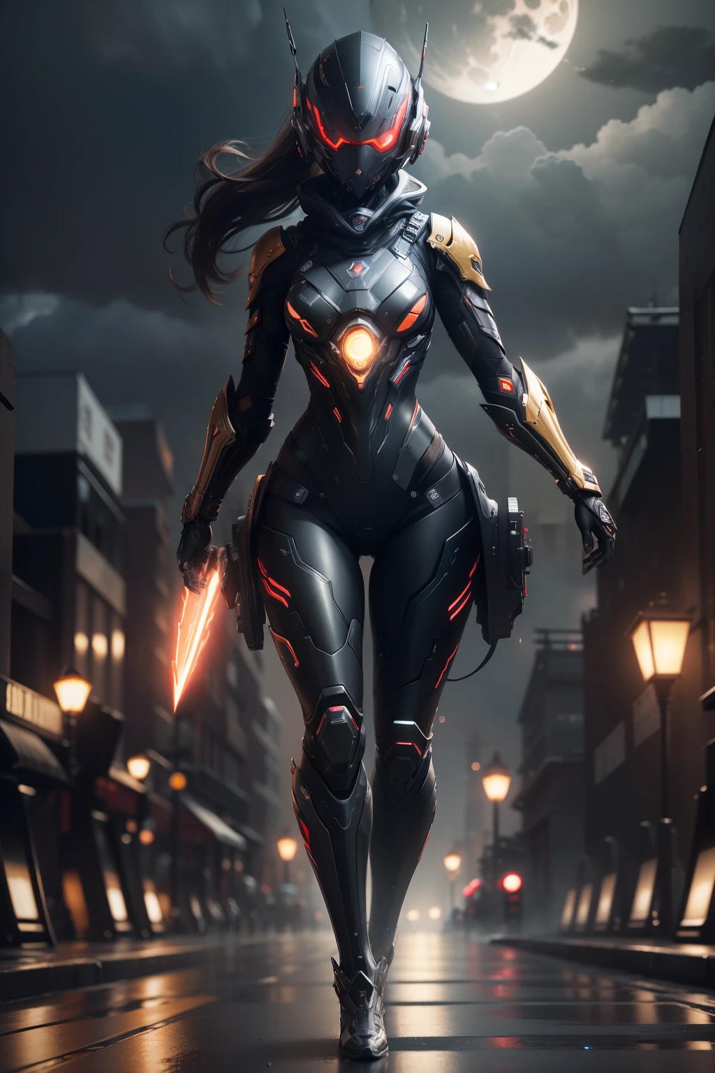 1 japanese girl, WARFRAME, intricate pattern, heavy metal, energy lines, faceless, glowing eyes, elegant, intense, blood red and black uniform, solo, modern, city, streets, dark clouds, thunderstorm, heavy rain, dramatic lighting, (masterpiece:1.2), best quality, high resolution, beautiful detailed, extremely detailed, perfect lighting,(full body, (dynamic pose), action pose), (rim lighting, studio lighting, distant moon light, night, bloom), (cinematic, best quality, masterpiece, ultra HD textures, highly detailed, hyper realistic, intricate detail, 8k, photorealistic, concept art, matte painting, autodesk maya, vray render, ray tracing, hdr), (dslr, full frame, 16mm focal length, f/8 aperture, dynamic perspective, dynamic angle, golden ratio, wide photography, wide field of view, deep depth of field, zoom out) techwear, urbansamurai 3d, realistic cyborg in a cyberhelmet head