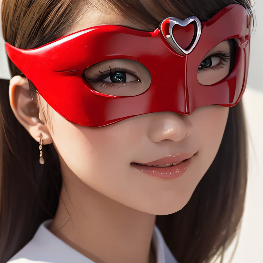 (8K, RAW Photos, of the highest quality, Masterpieces: 1.2), (Realistic, Photorealistic: 1.37), Highest Quality, Ultra High Resolution, light leaks, Dynamic lighting, Slim and smooth skin, (Full body:1.3), (Soft Saturation: 1.6), (Fair skin: 1.2), (Glossy skin: 1.1), Oiled skin, 22 years old, Night, shiny white blonde, Well-formed, Hair fluttering in the wind, Close-up shot of face only, Physically Based Rendering, From multiple angles, A big smile, super girl、miniture, Red Eye Mask, (I open my eyes:1.4)