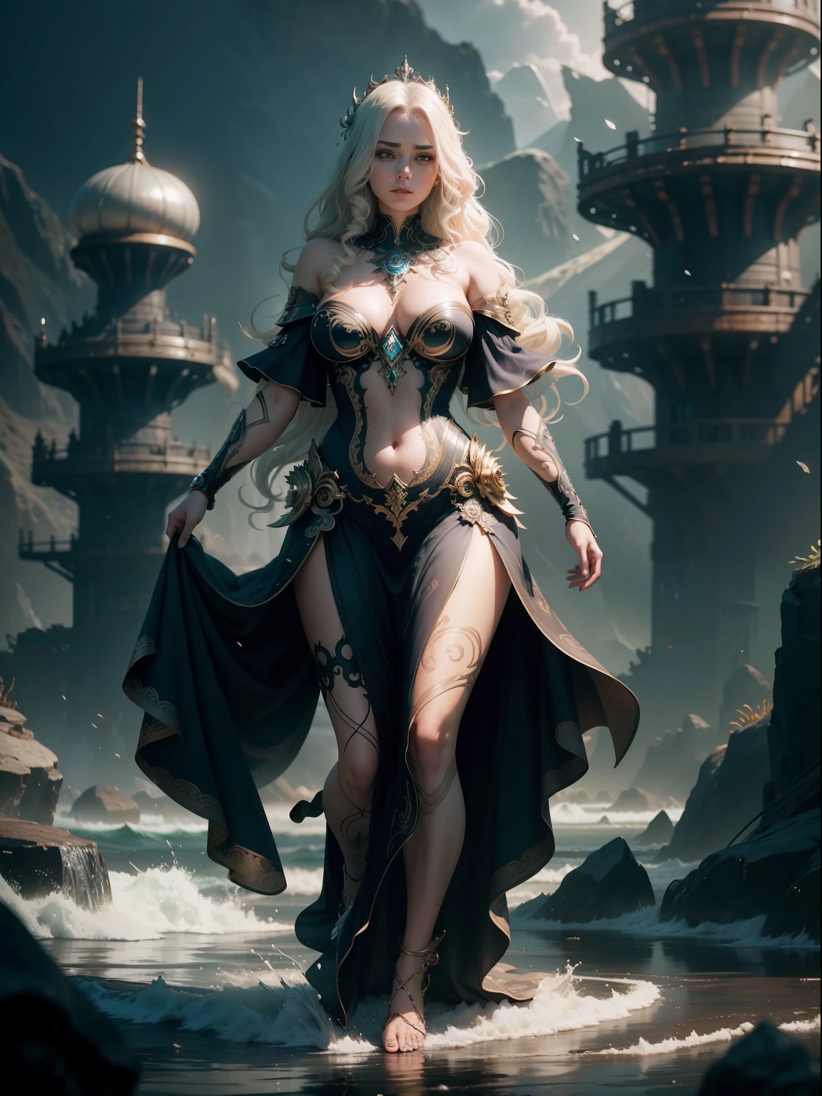beautiful woman Queen of ocean in spiral wave water, background glorious , perfect face, realistic, full body, standing on ground, circuit board, in intricate clothing, fantasy, illustration, artstation, very complex hyper-maximalist overdetailed cinematic tribal darkfantasy, 8k resolution, Ultra-detailed Quality 3D Octane Render, photorealistic concept art, Sharp Focus, Perfect Composition, intense shadows, intense lighting, wallpaper, HDR, high quality, high-definition