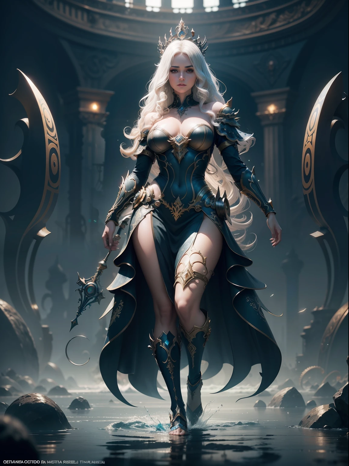 beautiful woman Queen of ocean in spiral wave water, background glorious , perfect face, realistic, full body, standing on ground, circuit board, in intricate clothing, fantasy, illustration, artstation, very complex hyper-maximalist overdetailed cinematic tribal darkfantasy, 8k resolution, Ultra-detailed Quality 3D Octane Render, photorealistic concept art, Sharp Focus, Perfect Composition, intense shadows, intense lighting, wallpaper, HDR, high quality, high-definition
