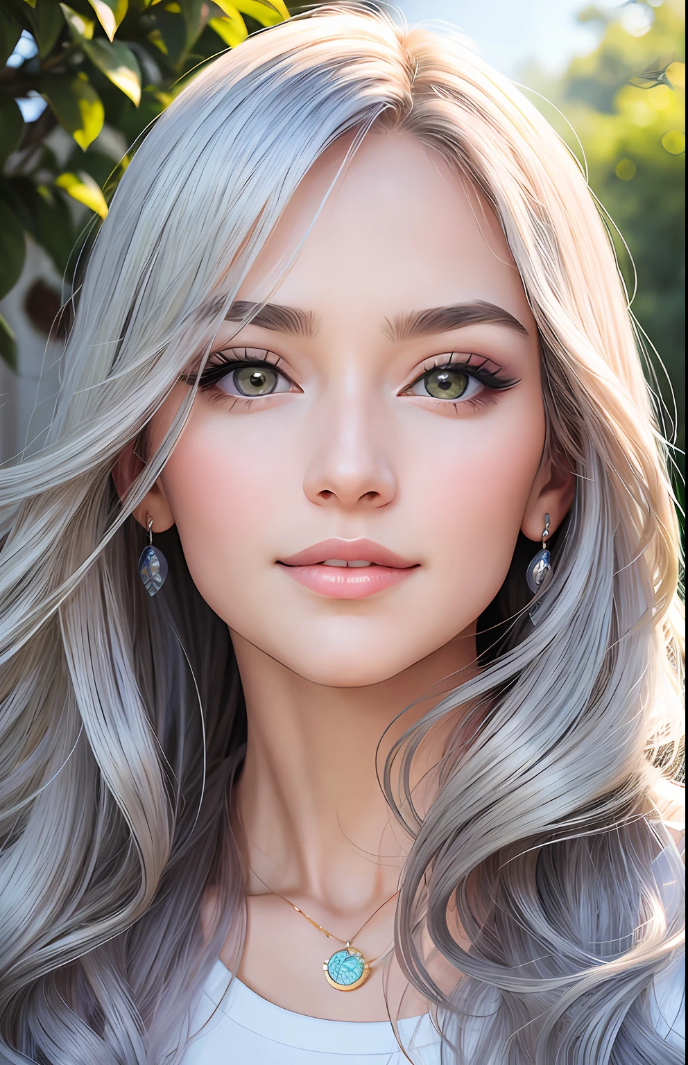 animesque、portraitures、One Person20age、Pretty Woman、Moisturized eyes、Casual clothing、a picture、oval jaw、beautiful countenance、The hair、Silver-colored eyes with a beautiful shine,,、LDS Art
