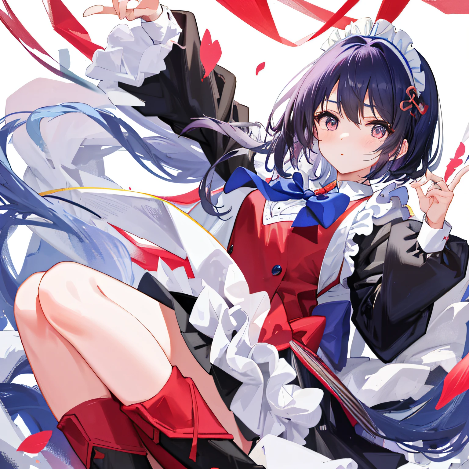 Tsundere、quadratic element、Small loli、with short black hair、Bright eyes、Small round face、upturned eyebrows、Fair and smooth skin。 Sweet、Lolita style、Puffy skirt、Lace、Bow knot、The color is bright、Cute style、In pink、blue colors、red colour、lace legwear、tigh-high boots、Cute accessories、Bow hairpins、neck chain、bangle、school ground、Anime Carnival。Falling streamers and debris，a sense of atmosphere。absurderes, A high resolution, Ultra detailed, elegant flourishes, and a sense of craftsmanship and skill,。Anime girl in maid costume sitting on a branch, Beautiful anime girl, seductive anime girls, cute anime waifu in a nice dress, pretty anime girl, attractive anime girls, Cute anime girl, beautiful and seductive anime woman, (Anime girl), Anime girl, Kawasi, Guweiz in Pixiv ArtStation, Extremely detailed Artgerm