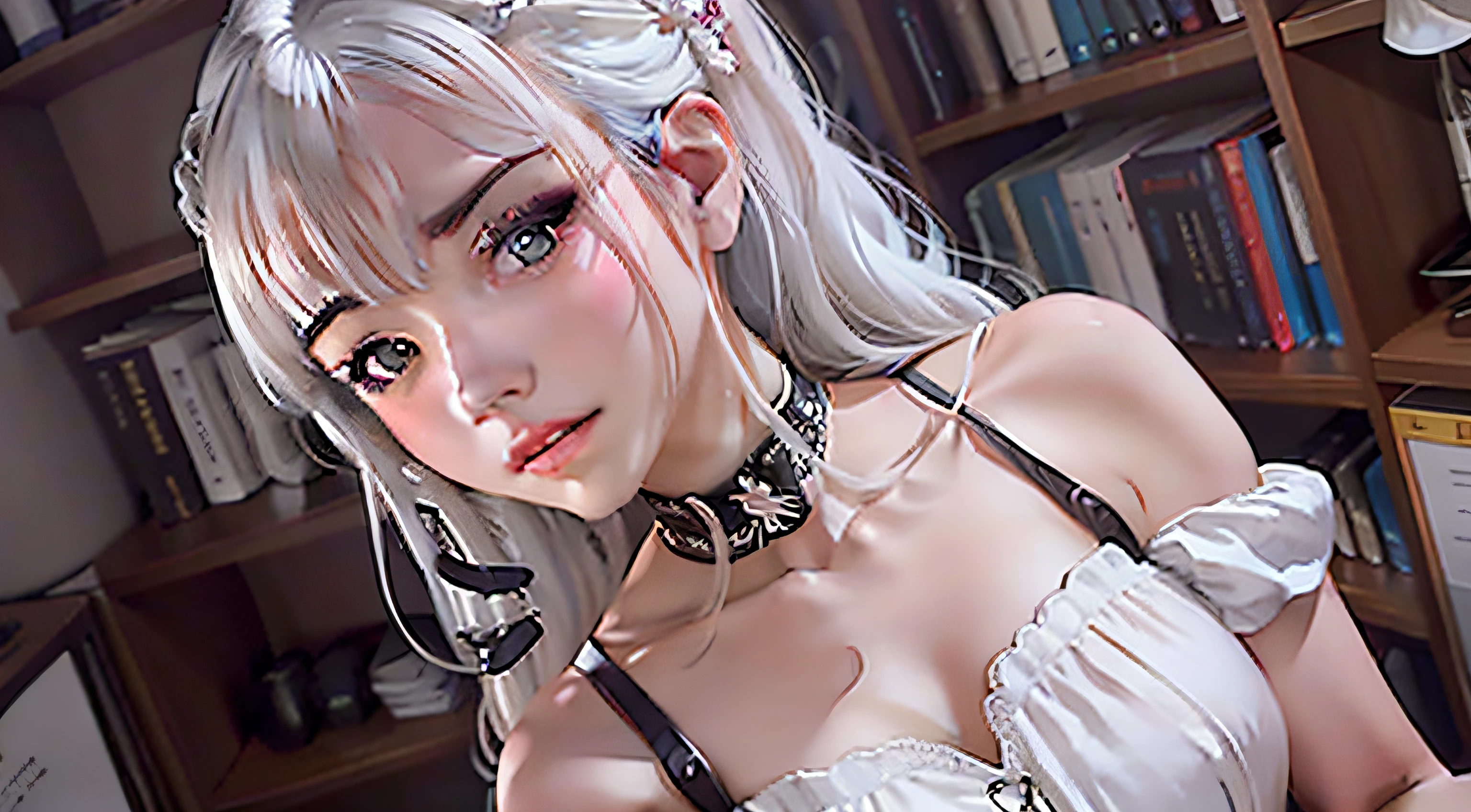 Anime - style image of a woman with white hair in a white dress in front of a bookcase, Smooth anime CG art, made with anime painter studio, portrait anime girl, Portrait of an anime girl, cute anime waifu in a nice dress, anime visual of a cute girl, Digital anime illustration, drawn in anime painter studio, persona 5 art style wlop, Detailed digital anime art
