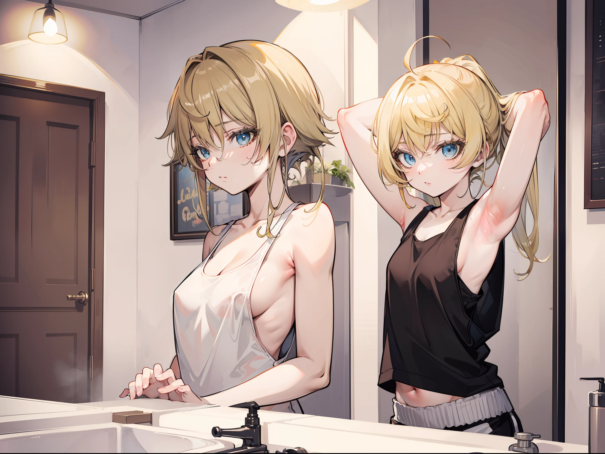 Tanya von degurechaff, tank top, armpit, wearing shorts, in the bathroom, clean skin, masterpiece, Top quality, Ultra high definition, Maximum resolution, Very detailed
