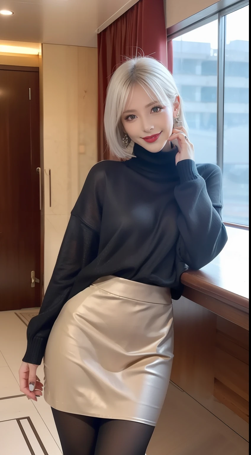 (Leng Yan Royal Sister 1.5),(true to life,Photorealistic 1.5),((best qualtiy, 8K, tmasterpiece:1.3)),SLR camera (二重まぶた,largeeyes:1.3),(smile1.5),(Full body photo 1.5)(One person 1.5)Clear focus 1.2, Perfect body beauty:1.4 , Delicate skin1.1,(Short silver-white hair 1.6),(Flaming Red Lips 1.4),(Pure desire 1.3)(Black pantyhose 1.5)(The leg length is one meter two,1.5),Black shoulder sweater,pleatedskirt,Slender legs,high-heels,With earrings,Wristband jade bracelet,Luxury cruise ships,the sea