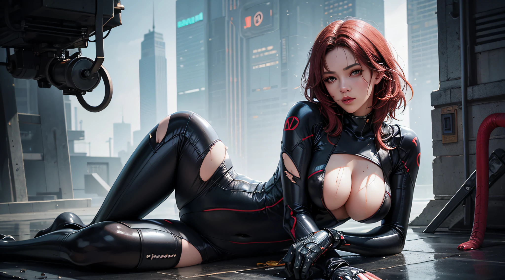 Losing portrait of woman in wetsuit with big gun, smooth digital concept art, an oppai cyberpunk, glossy wet skin!!, biomechanical oppai, Painted in high resolution, wet shiny skin, 8k high quality detailed art, [ 4 k digital art ]!!, Very detailed ArtGerm, rendered in sfm, fanart best artstation(Very cute woman gets futuristic cyberpunk hotel bodysuit completely torn sexy、Perfect body-wide coverage))。Afro Curly Black Medium Length Hair、40k、a picture、​masterpiece、top-quality、Dark gray background、((1 Girl Glenn eyes and gorgeous bright red hair、Beautiful perfect face、juicy lips、de pele branca))。Sexy ass soft breasts and white skin、Bimbo lips、Beautiful Caucasian woman in T pose。long legged((perfect chest:1.4))、((Very soft breasts))、hyperdetailed face、A detailed eye。Inside the spacecraft of the future。(((she is soaking wet)))、Her clothes were almost torn and torn.、Damaged、Skin exposed、White substance and water running down her body、Nipple areola protrudes、Underwear is slipping off、Metamorphosis、Sexy Pornstar Pose、Have a gun of the future、Holding a gun、