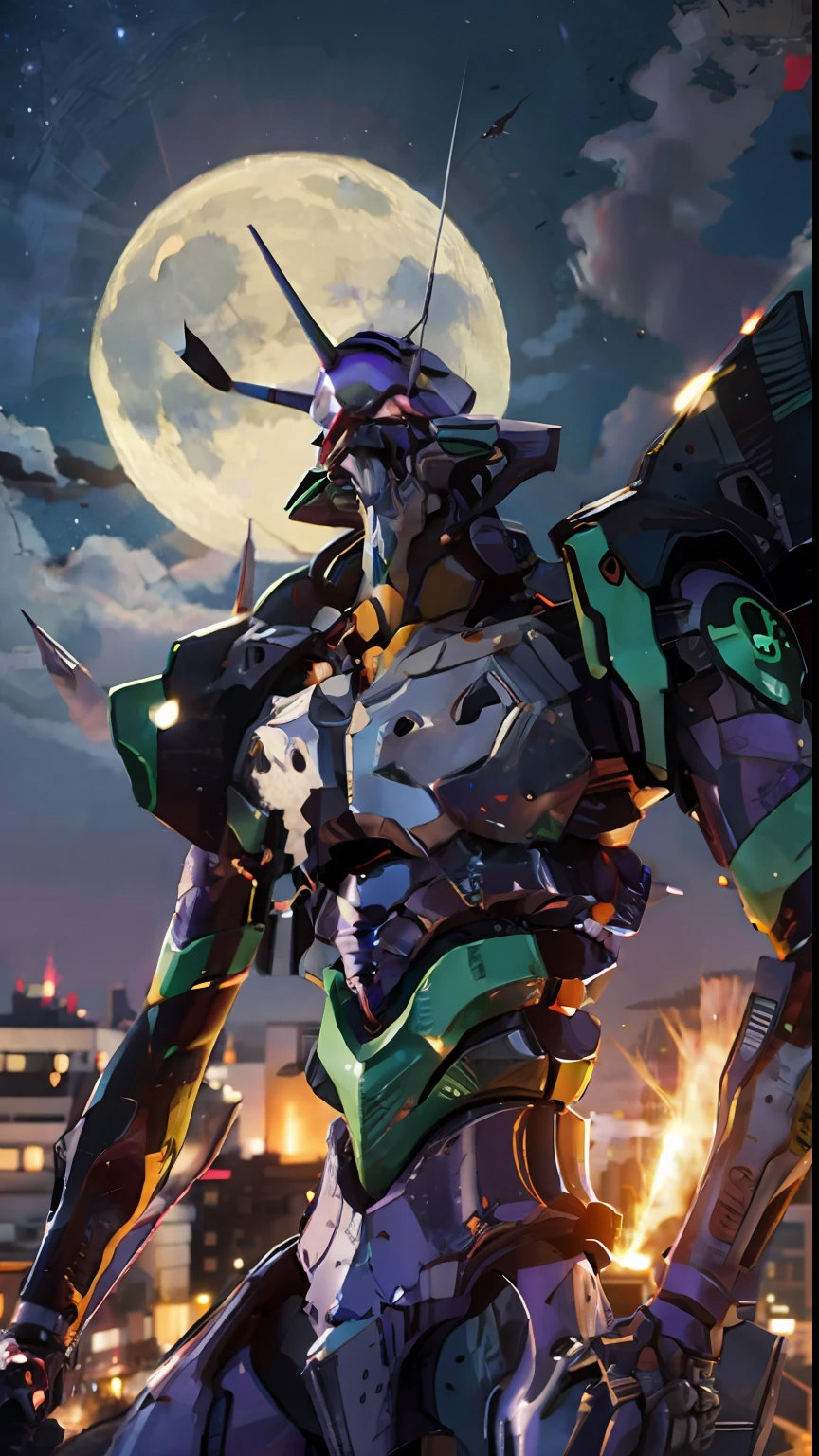 Eva 01,EVA, Evangelion mecha, city,moon,night,8K,