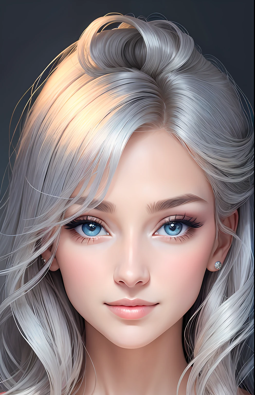 animesque、portraitures、One Person２０age、Pretty Woman、Moisturized eyes、Casual clothing、a picture、oval jaw、beautiful countenance、The hair、Silver eyes with a beautiful shine,,、LDS Art