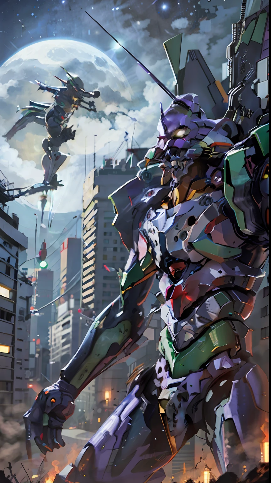 Eva 01,EVA, Evangelion mecha, city,moon,night,8K,