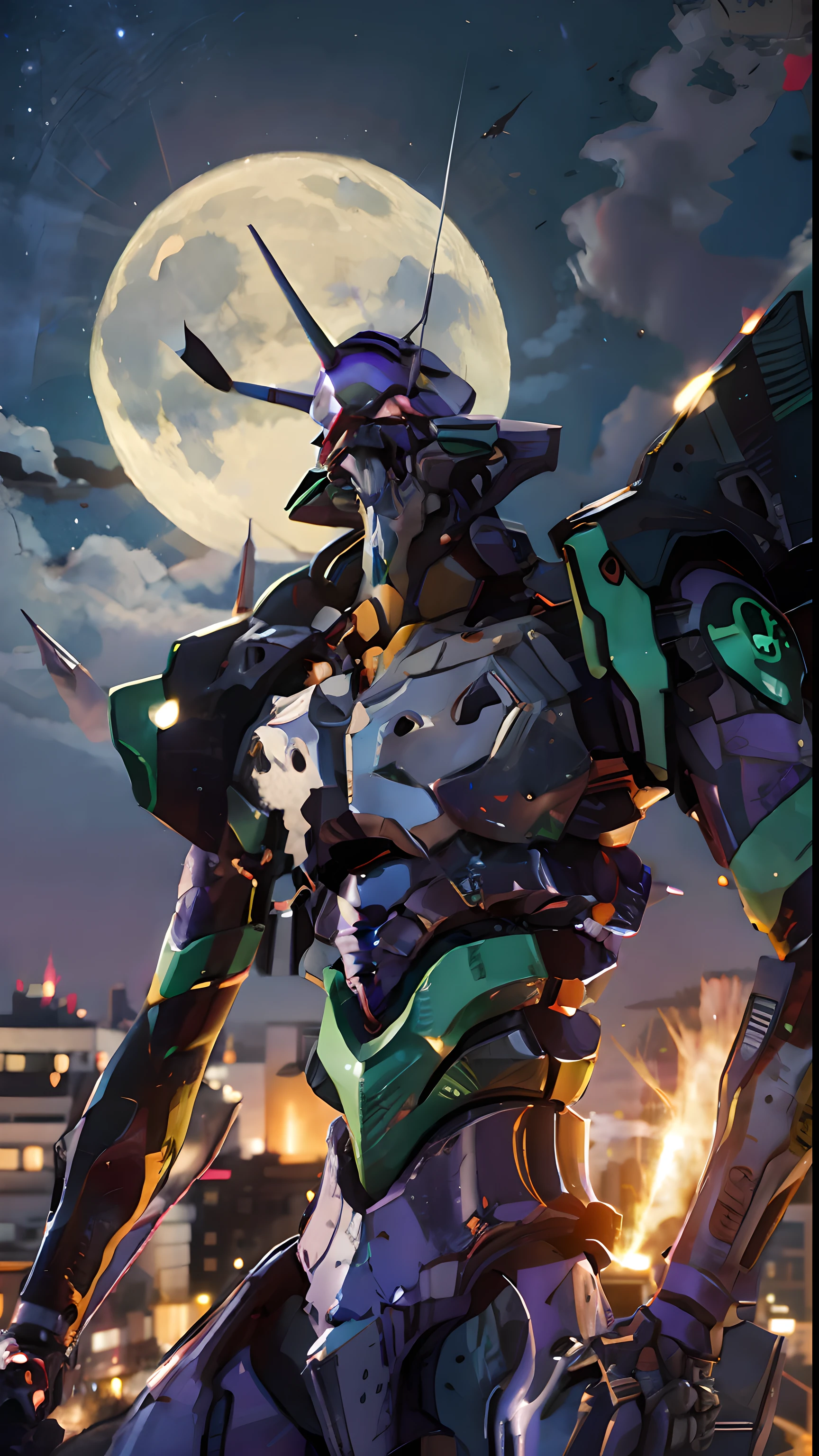 Eva 01,EVA, Evangelion mecha, city,moon,night,8K,