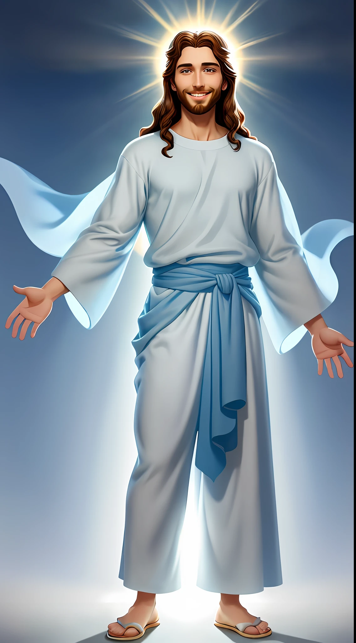 Original art quality, full body picture, Disney character animation style, young and handsome Jesus God, standing posture, hands naturally placed on both sides, looking ahead, gentle expression and smiling, eyes full of light, background light blue, translucent, with light as the theme, the focus of light is on the characters, the overall picture is fresh and bright.