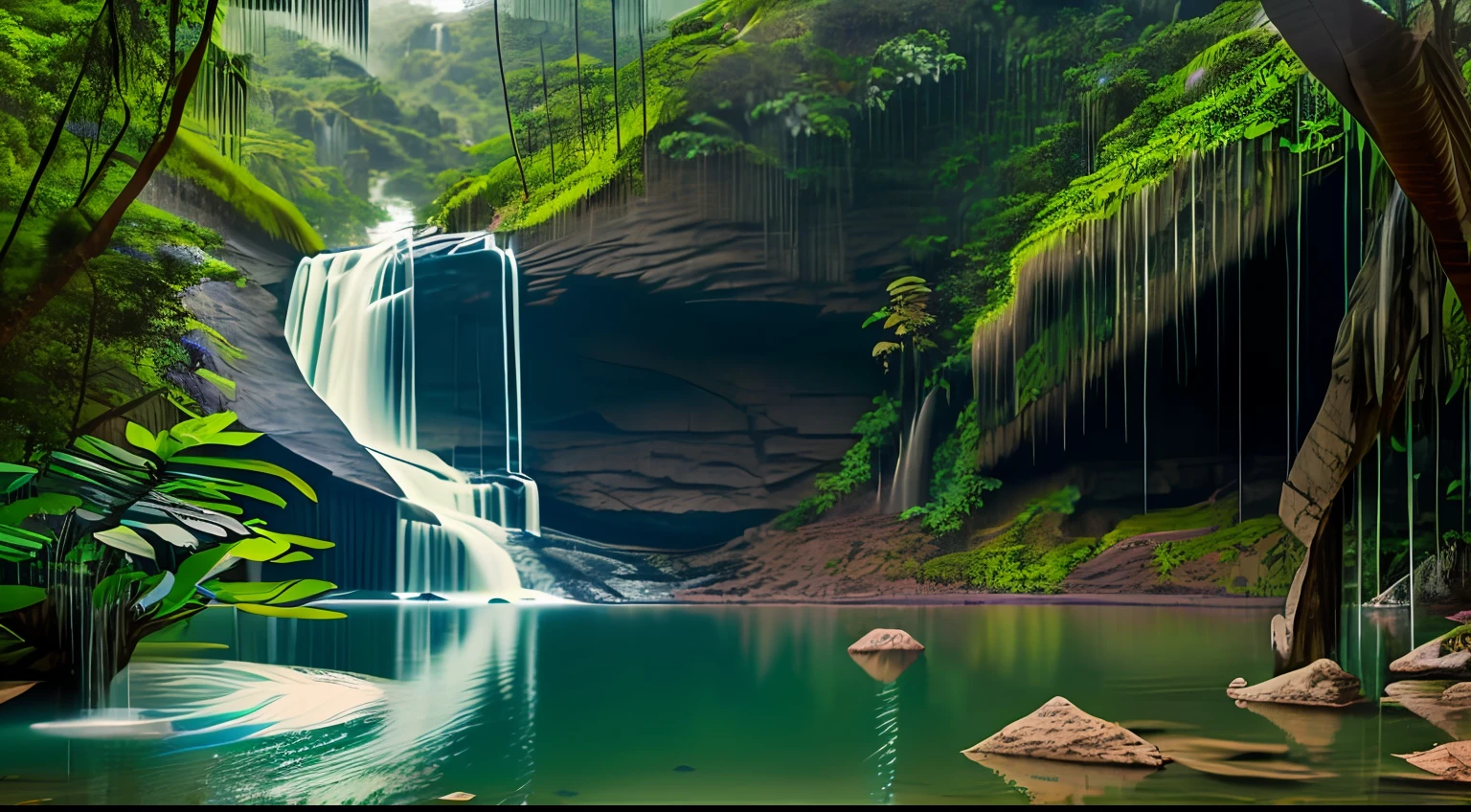 A photograph of a majestic waterfall in the midst of lush forest in brazil, with water cascading down, materpiece estilovintedois.