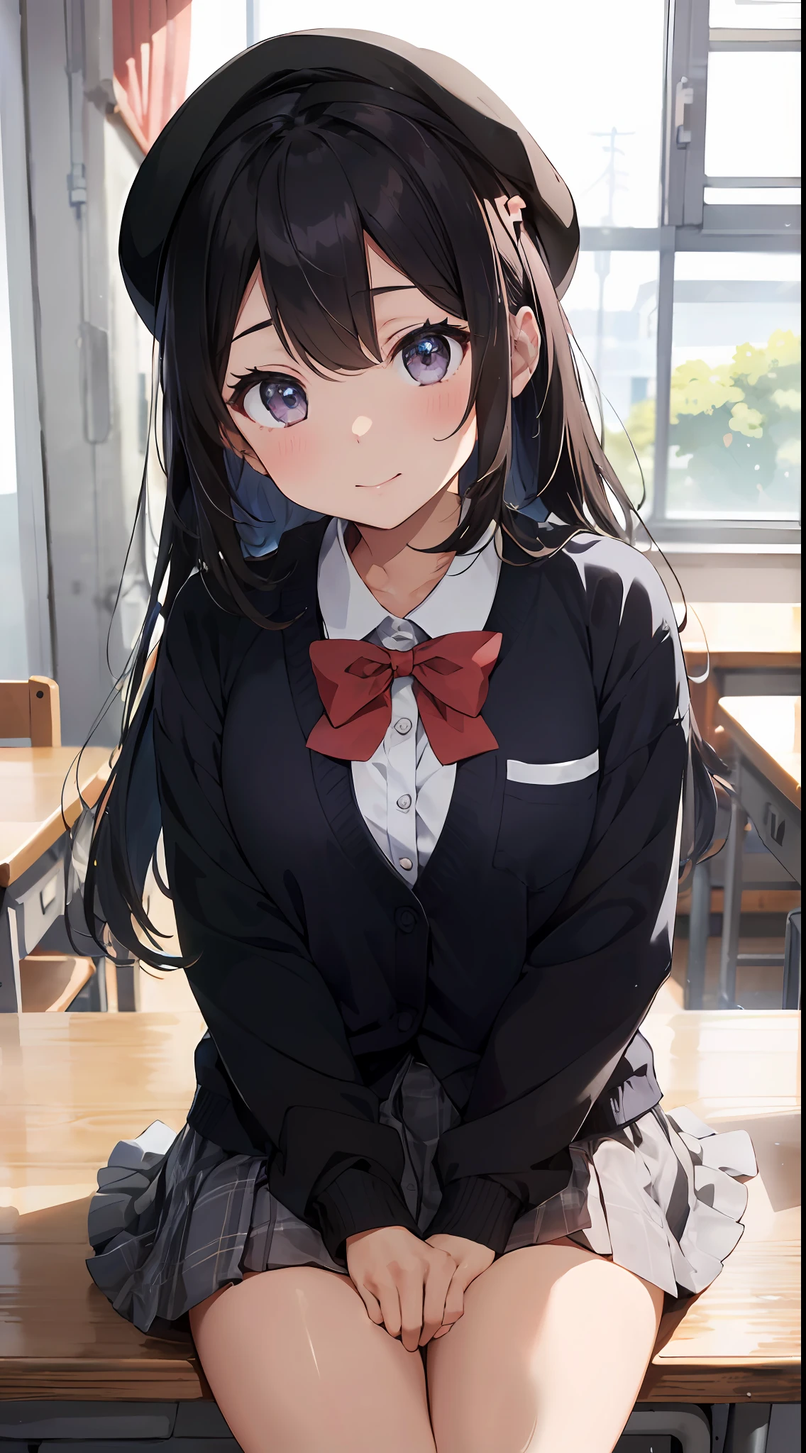Masterpiece to the smallest detail、top-quality、realisitic、1girl in、独奏、18year old、Looks like 5 years old、140cm petite beautiful girl、small tits、5 year old baby face、Silky hair、Gradient bob in the forward、Pink and violet mesh、Tall, big eyes、Outstanding looks、A lovely child、proximity、closed_mouth、a smile、red blush、full of shyness、blue headwear、Hats、pink bowtie、校服、 Blue Blazer、blazers、Pretz skirt、grey skirt、Silk blouse、White blouses、an legs、Black socks、sitting on、Classroom、hair_ornament、looking_at_viewer、beatiful detailed eyes、Realistic eyes、panties on、unclear、Professional effects、unclear、Enhanced elegance、Innocent、wretched、maidennurse