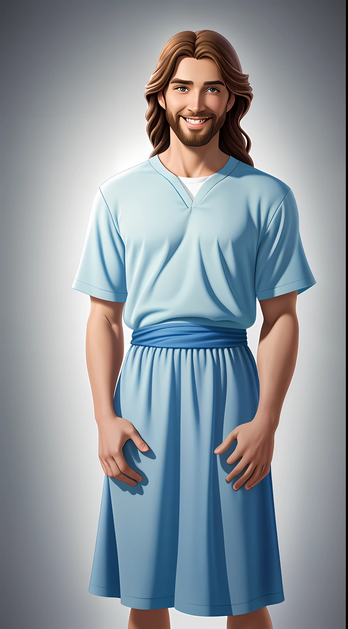 Original art quality, full body picture, Disney character animation style, young and handsome Jesus God, standing posture, hands naturally placed on both sides, looking ahead, gentle expression and smiling, eyes full of light, background light blue, translucent, with light as the theme, the focus of light is on the characters, the overall picture is fresh and bright.