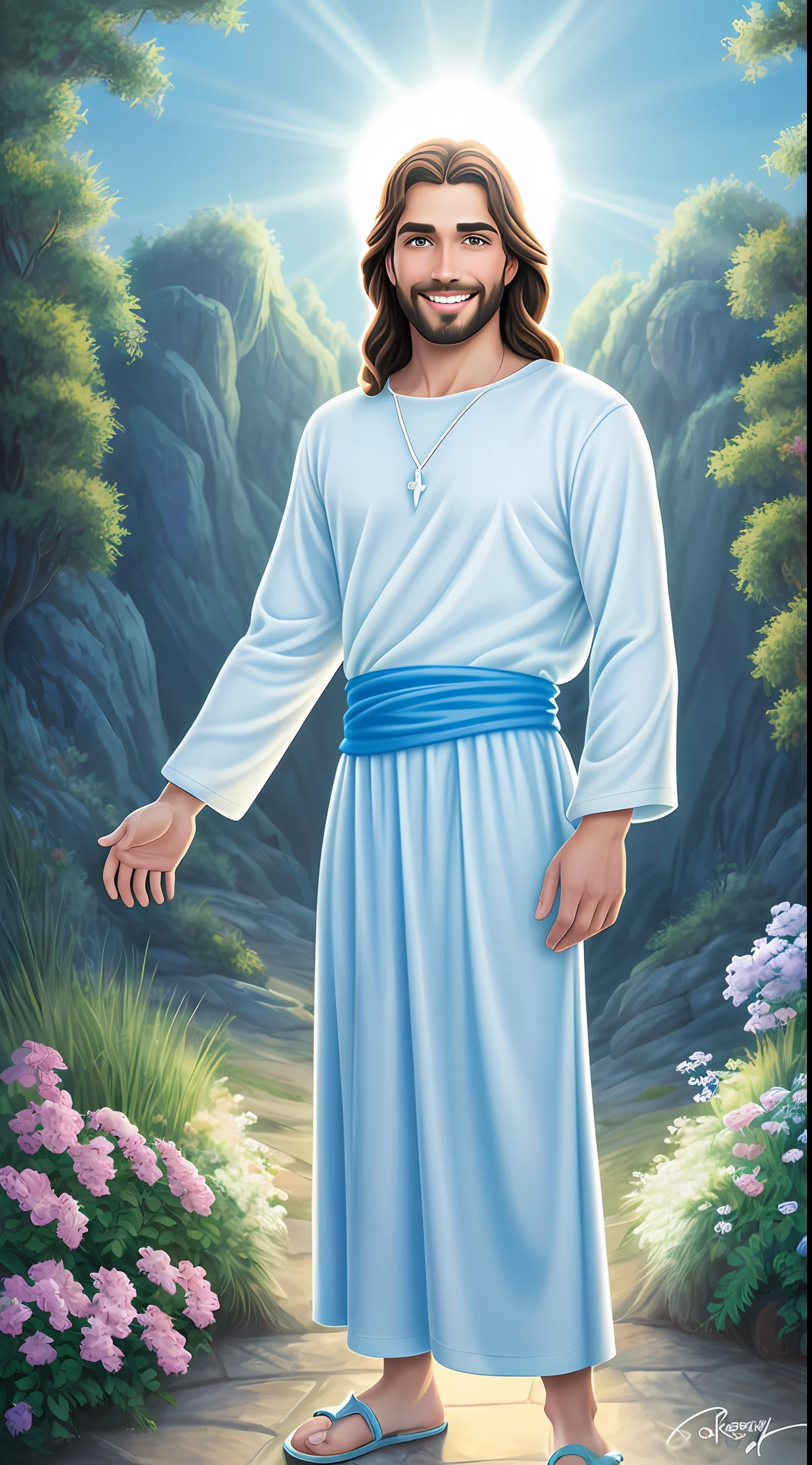 Original art quality, full body picture, Disney character animation style, young and handsome Jesus God, standing posture, hands naturally placed on both sides, looking ahead, gentle expression and smiling, eyes full of light, background light blue, translucent, with light as the theme, the focus of light is on the characters, the overall picture is fresh and bright.