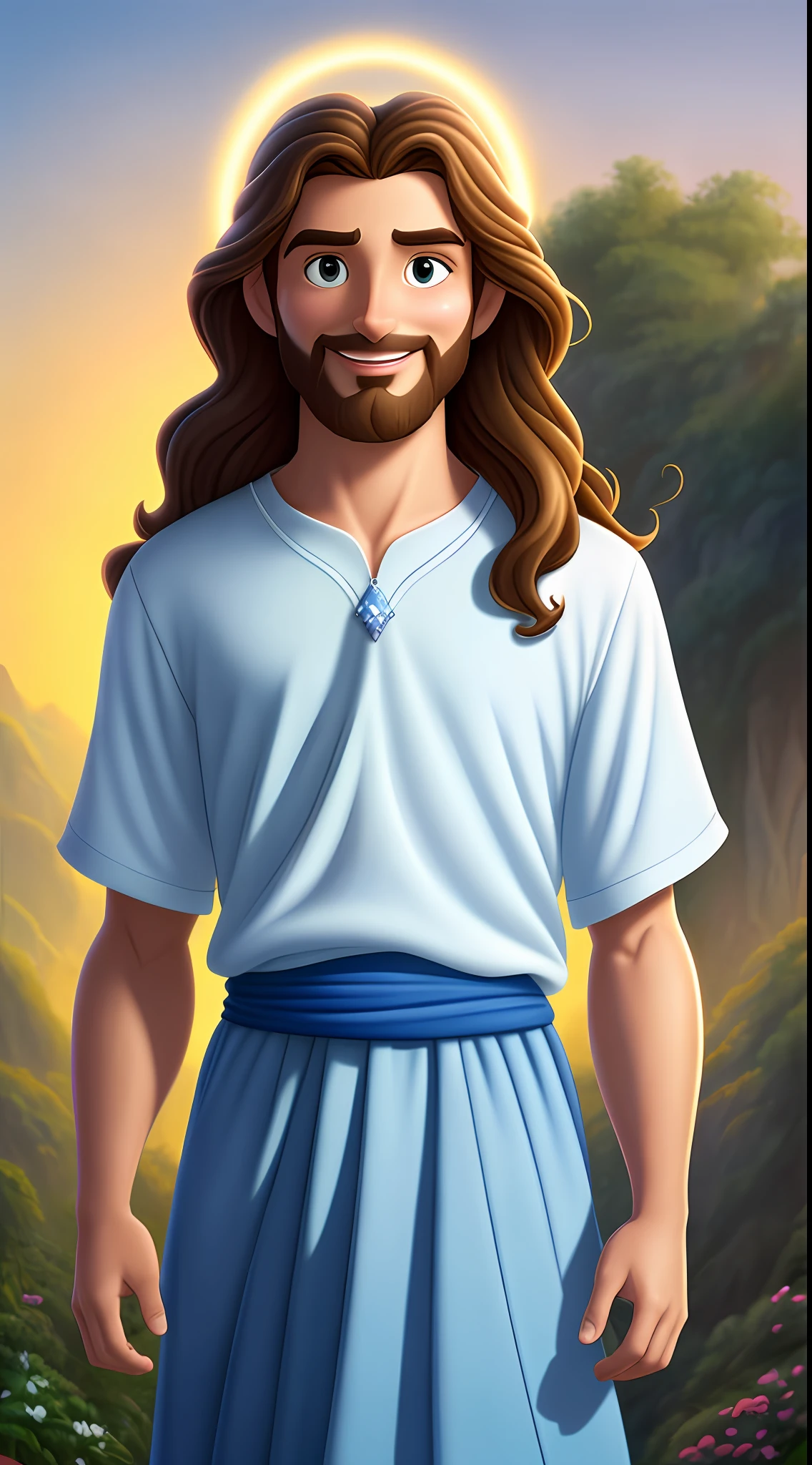 Original art quality, full body picture, Disney character animation style, young and handsome Jesus God, standing posture, hands naturally placed on both sides, looking ahead, gentle expression and smiling, eyes full of light, background light blue, translucent, with light as the theme, the focus of light is on the characters, the overall picture is fresh and bright.