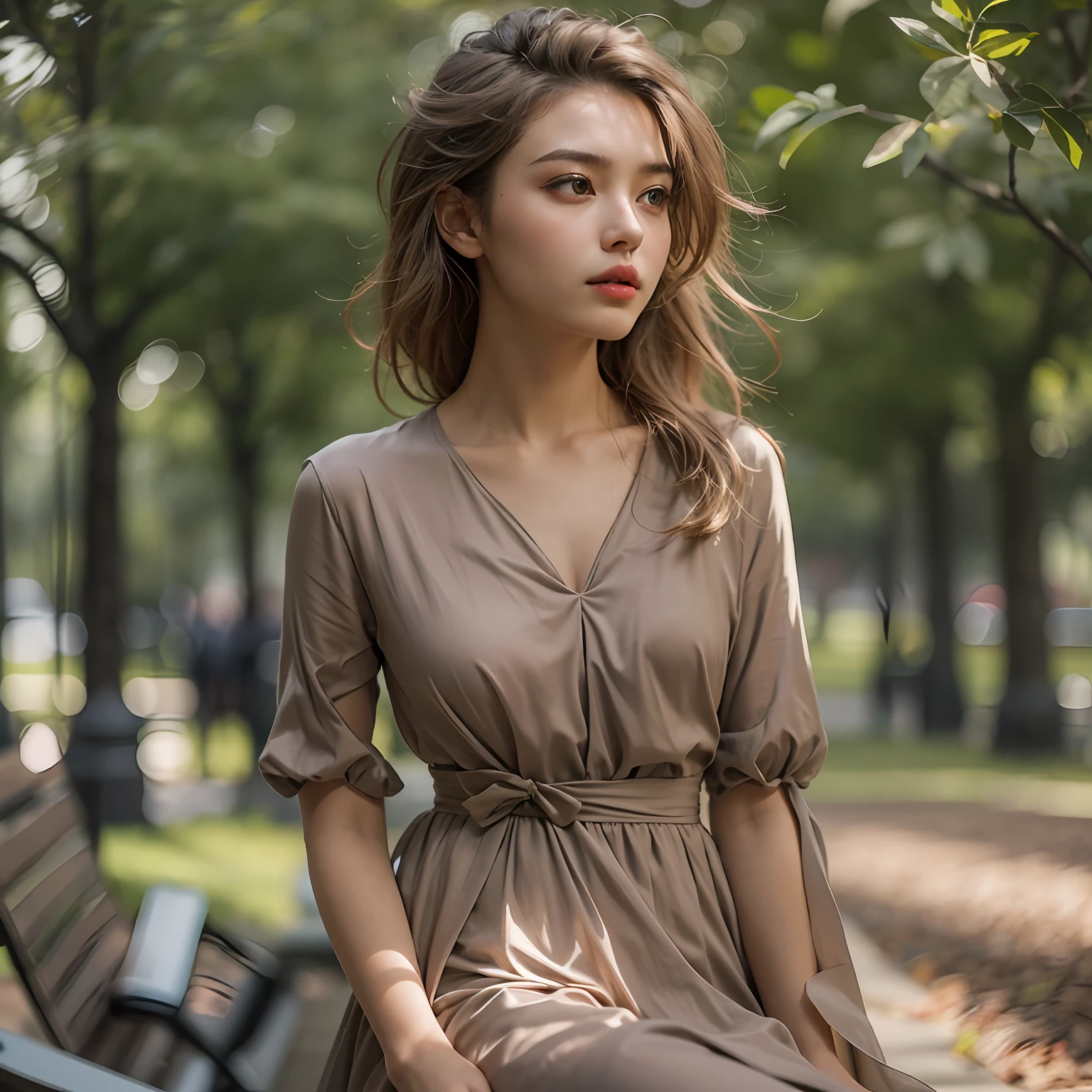 hyper-realistic, photo realistic, a 25 yo woman, soothing tones, muted colors, stylish dress, high contrast, (natural skin texture, hyperrealism, soft light, sharp) full body,  elegant, in park,