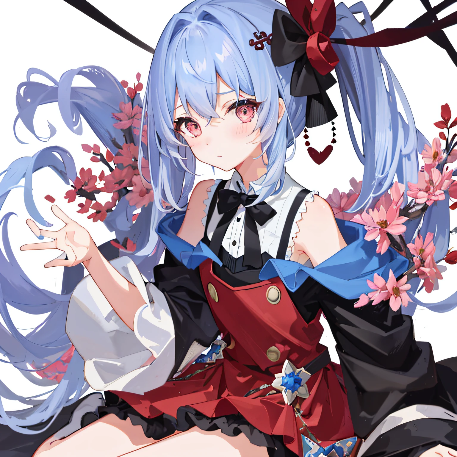 Tsundere、quadratic element、Small li、with short black hair、Bright eyes、Small round face、upturned eyebrows、Fair and smooth skin。 Sweet、Lolita style、Puffy skirt、Lace、Bow knot、The color is bright、Cute style、In pink、blue colors、red colour、lace legwear、tigh-high boots、Cute accessories、Bow hairpins、neck chain、bangle、school ground、Anime Carnival。Falling streamers and debris,a sense of atmosphere。absurderes, A high resolution, Ultra detailed, elegant flourishes, and a sense of craftsmanship and skill,。Anime girl in maid costume sitting on a branch, Beautiful anime girl, seductive anime girls, cute anime waifu in a nice dress, pretty anime girl, attractive anime girls, Cute anime girl, beautiful and seductive anime woman, (Anime girl), Anime girl, Kawasi, Guweiz in Pixiv ArtStation, Extremely detailed Artgerm