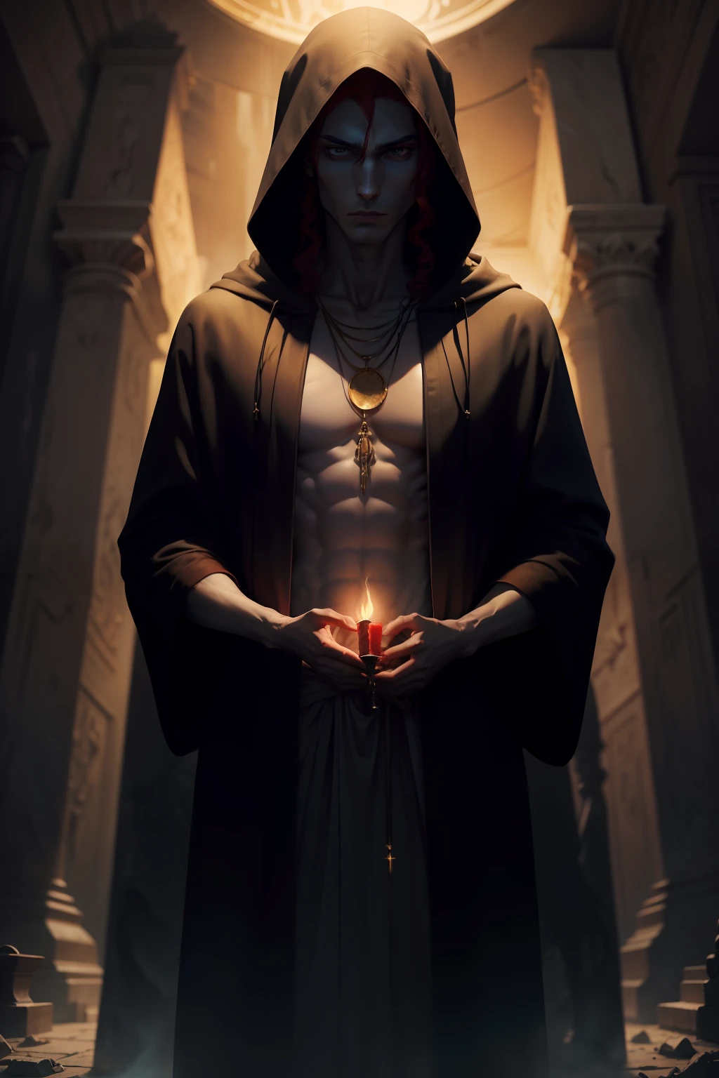 There is a sarcophagus in the tomb, At the sarcophagus sits a pale man with long red hair, The man is dressed in a long, hooded, linen raincoat, A young man with short black hair sits next to him, golds, Torch light, gloomy atmosphere