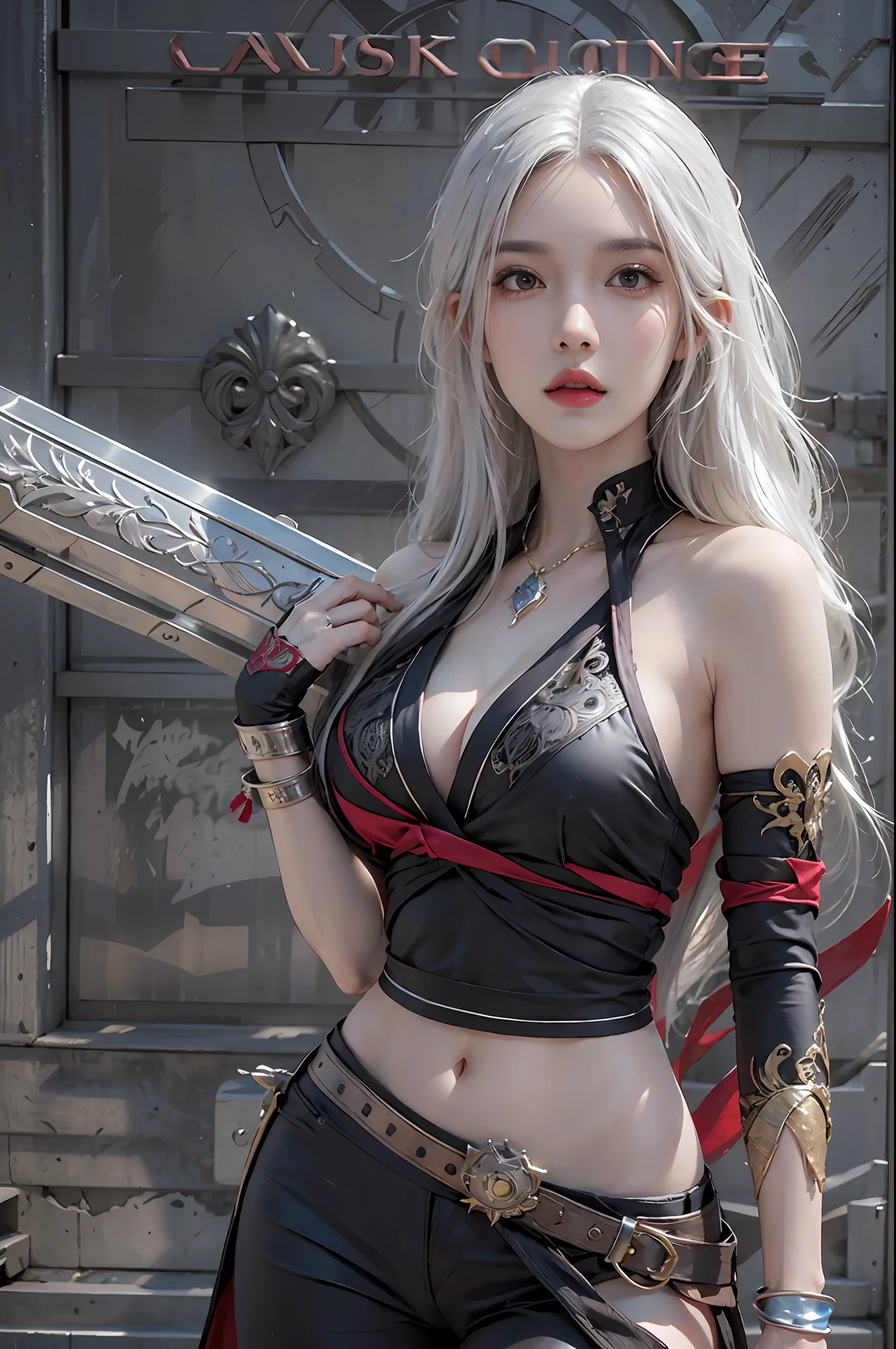photorealistic, high resolution, 1women, solo, hips up, look at viewer, (detailed face), narrow waist, closed lips, white hair, long hair, assassin clothes, jewelry, belly tattoo