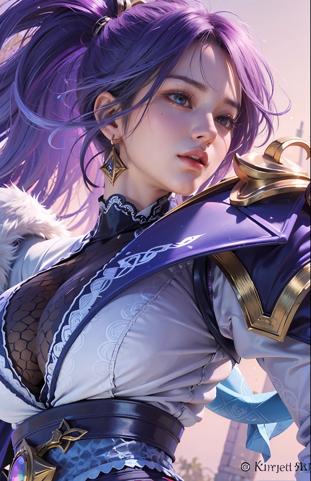 Irelia from League of Legends, KDA Irelia ((Realistic light, Best quality, 8k, Masterpiece :1.3)), Selfie, 1girl, Pretty woman with perfect figure :1.4, abs :1.1, (Light Purpel hair, Huge breasts :1.5), arabic dress :1.2, Bed, Ultra-detailed face, Detailed eyes, Double eyelid, perfect hands perfect fingers perfect breasts perfect hair perfect face perfect body