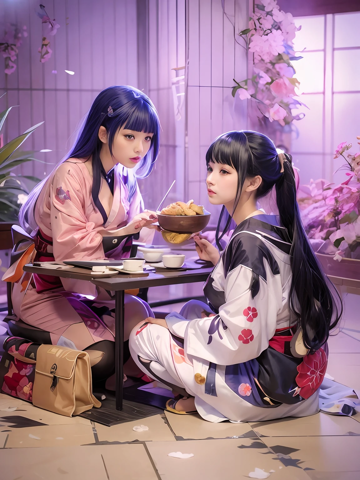 Two women in kimonos sitting at a table eating food, Anime style mixed with Fujifilm, japanese anime style, Anime Cosplay, japanese art style, porcelain japanese mannequins, inspired by Itō Shinsui,two beautiful anime girls, cosplay foto, In a Japanese anime style, real life anime girl, A Japanese style