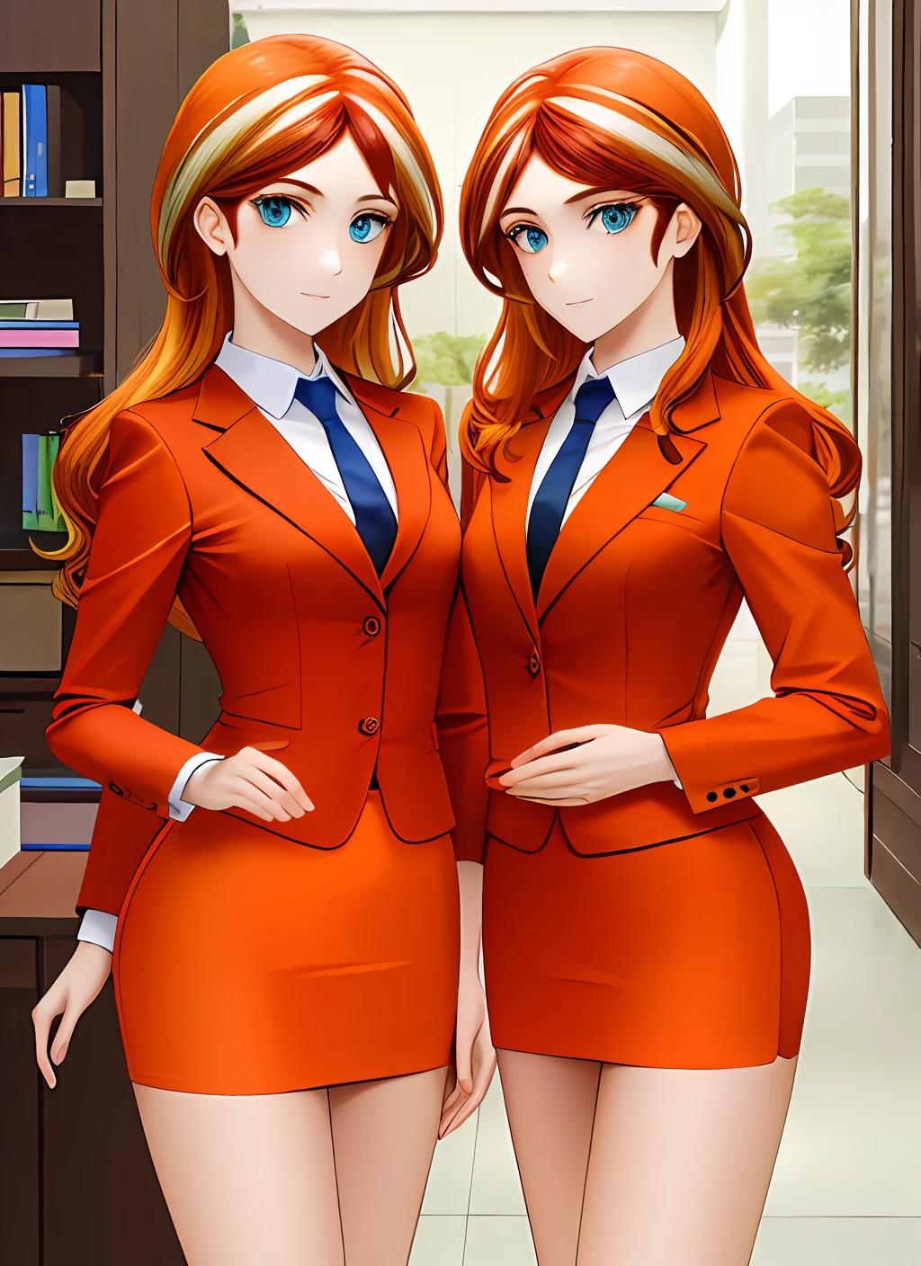 ((best quality)), ((highly detailed)), masterpiece, (detailed eyes, deep eyes), (2girls, duo, identical twins, clones, doppelganger), cowboy shot, SunsetHuman, (multicolored hair, (two-tone hair:1.1), red and blonde hair), BREAK, aqua eyes, ((office ladies, orange skirt suit, orange blazer, long sleeves, orange pencil skirt, orange tight skirt, bare legs, high heels, same color skirt suits)), highly detailed faces, highly detailed bodies, mnstfc, skirt