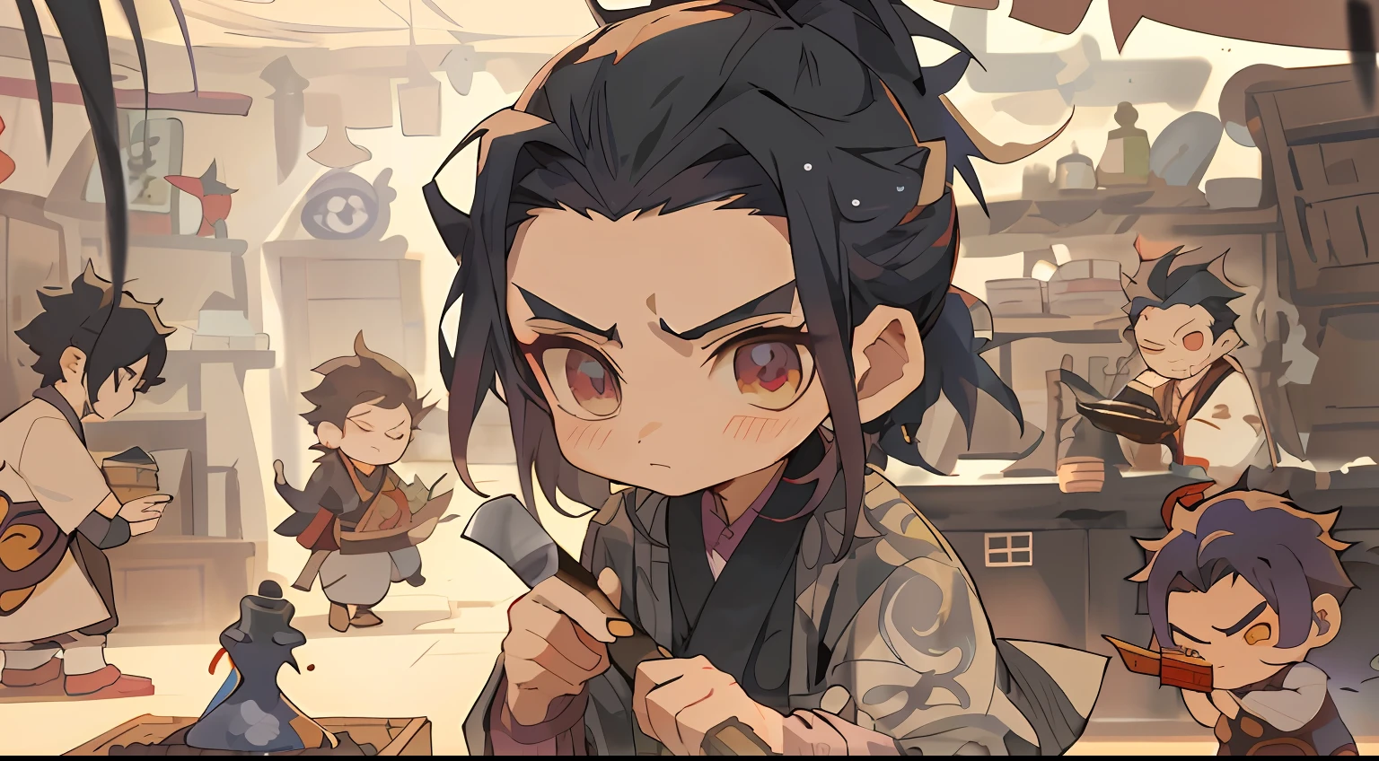 Anime - Style illustration of a woman holding a knife in the kitchen, handsome guy in demon killer art, demon slayer rui fanart, Guviz-style artwork, Guviz, Detailed fanart, demon slayer artstyle, Tanjiro Kamado, zhongli from genshin impact, Keqing from Genshin Impact, Kawasi, Stylized anime