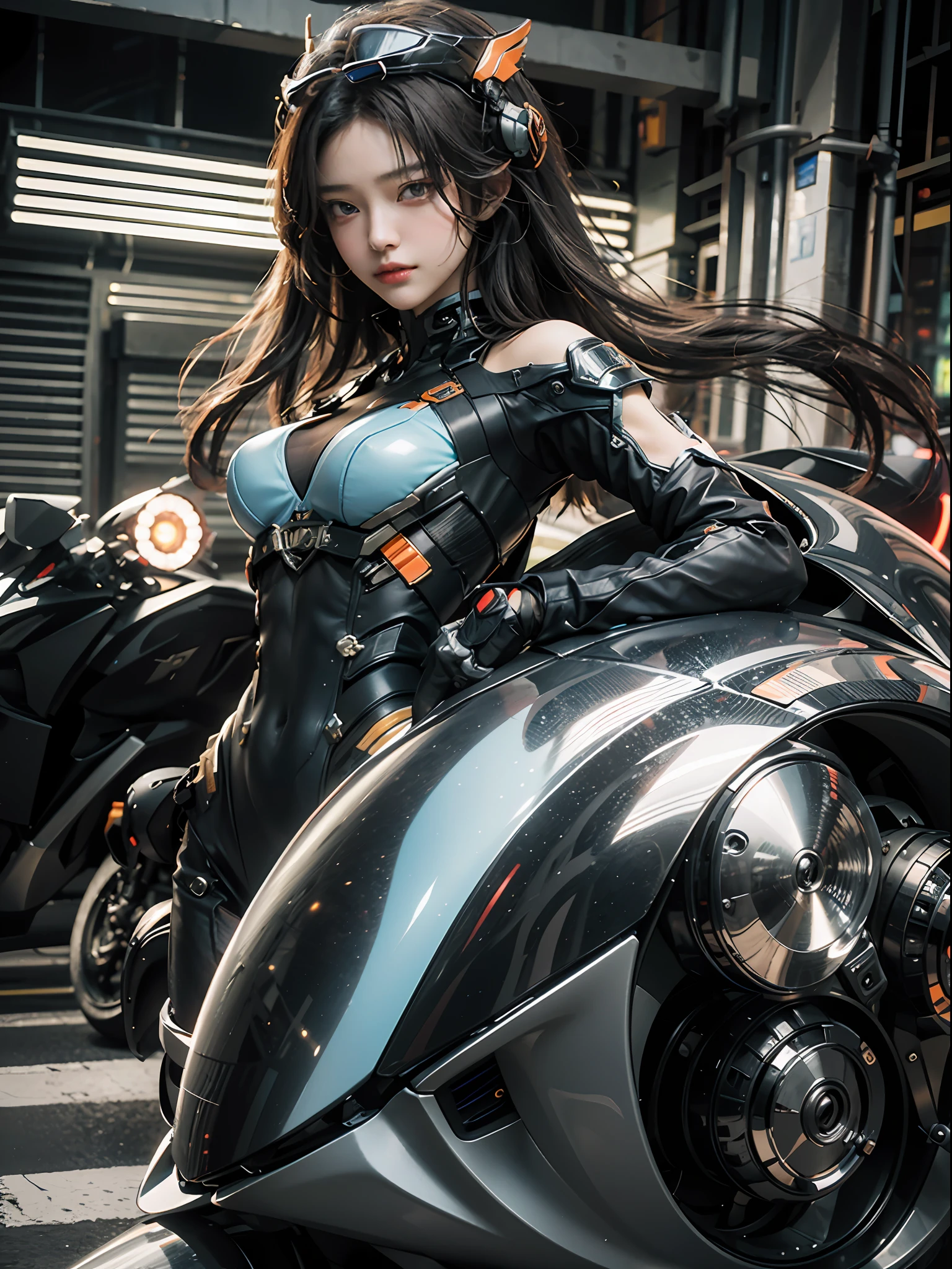 Highest image quality,Outstanding details,超高分辨率,(Fidelity:1.4),The best illustration,Favor the details,Highly cohesive 1girl,He has a delicate and beautiful face,Dressed in orange-black mechs,wearing a mech helmet,Hold the direction controller,Drive a motorcycle on the highway,The background is a high-tech lighting scene in the future city。