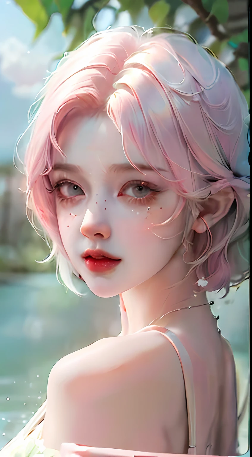((Best Quality)), ((masterpiece)), (details:1.4), 3D, beautiful woman image,HDR (High Dynamic Range), Ray Tracing,NVIDIA RTX,Super Resolution, No real 5, (pink hair, short hair, slightly curly hair, fair skin, thin, wearing domestic), Subsurface Scattering, PBR Texture, Postprocessing, Anisotropic filtering, Depth of field, Maximum clarity and sharpness, Multi-layer textures, Reflections and characteristic maps, Surface shadows, Accurate Light Material Simulation, Perfect scaling, Octane rendering, Two-tone lighting, Wide Aperture, Low ISO, White Balance, Rule of Thirds, 8K RAW, HD