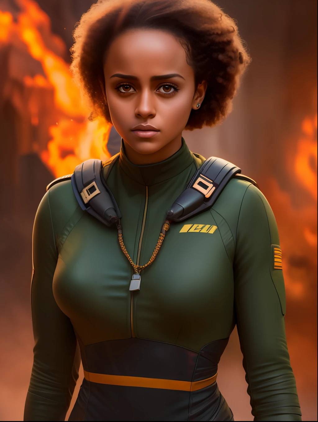 Retrato de uma mulher bonita, jovem de 35 anos, (spy costume), Autorretrato realista, 8k UHD, DSLR, grain of film, pintura fotorrealista, arte midjourney, inspirado em Nathalie Emmanuel de velozes e furiosos 10.