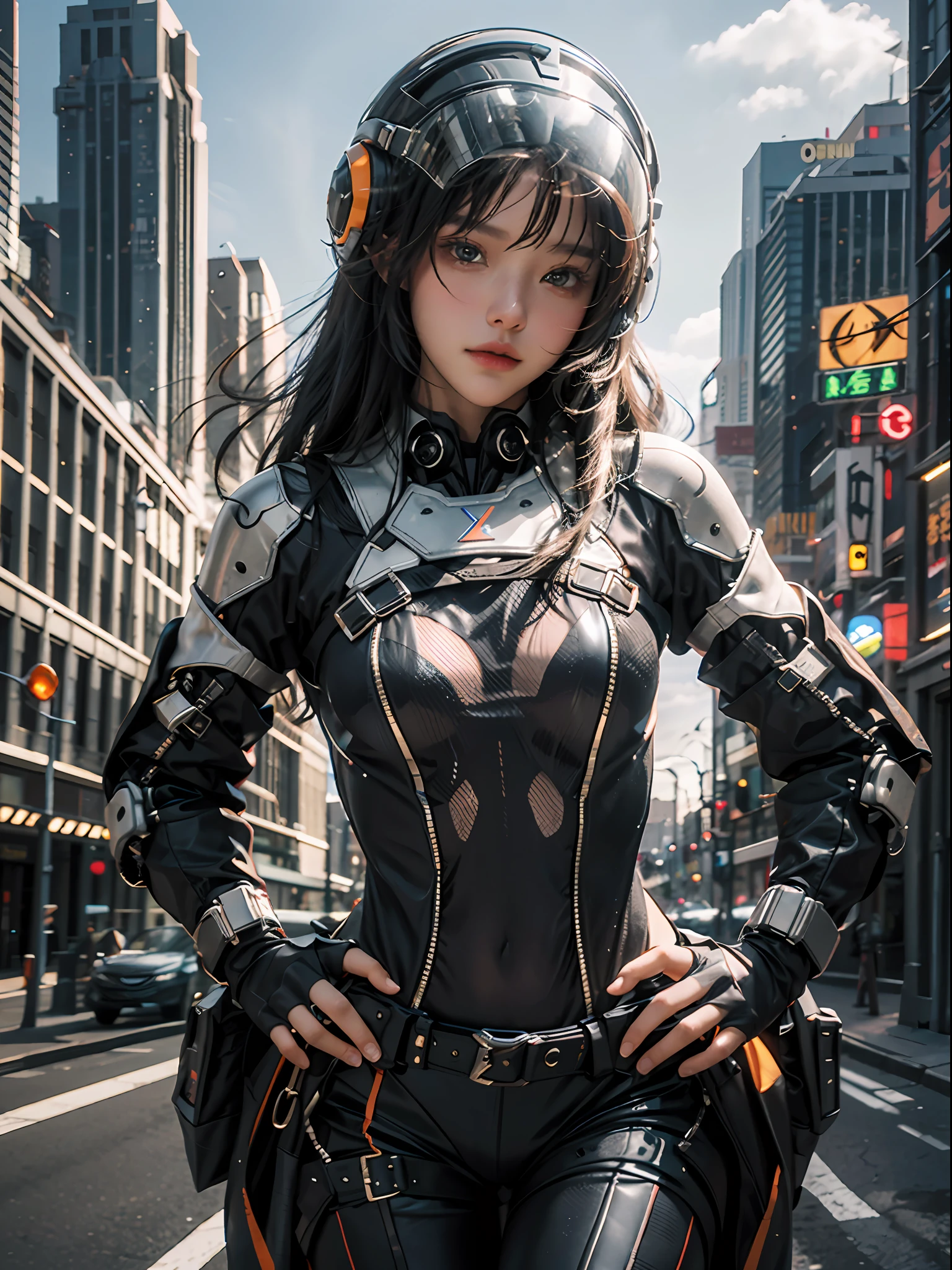 Highest image quality,Outstanding details,超高分辨率,(Fidelity:1.4),The best illustration,Favor the details,Highly cohesive 1girl,He has a delicate and beautiful face,Dressed in a black-orange mech,wearing a mech helmet,Hold the direction controller,Drive a motorcycle on the highway,The background is a high-tech lighting scene in the future city。