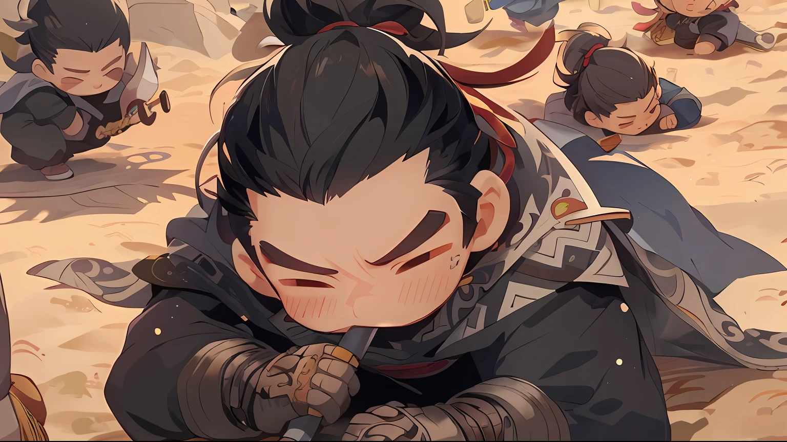 Anime - style illustration of a little boy kneeling in the sand with a sword, Guviz-style artwork, Guviz, Genshin, G Liulian art style, chinese three kingdoms, Keqing from Genshin Impact, Genshin impact's character, zhongli from genshin impact, handsome guy in demon killer art, Kawasi