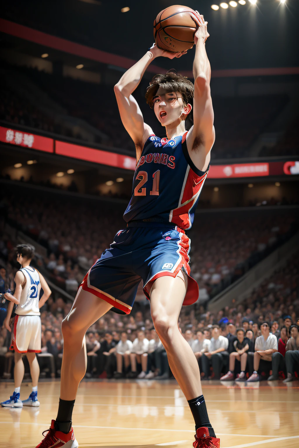 Please draw me a realistic picture of Cai Xukun playing basketball