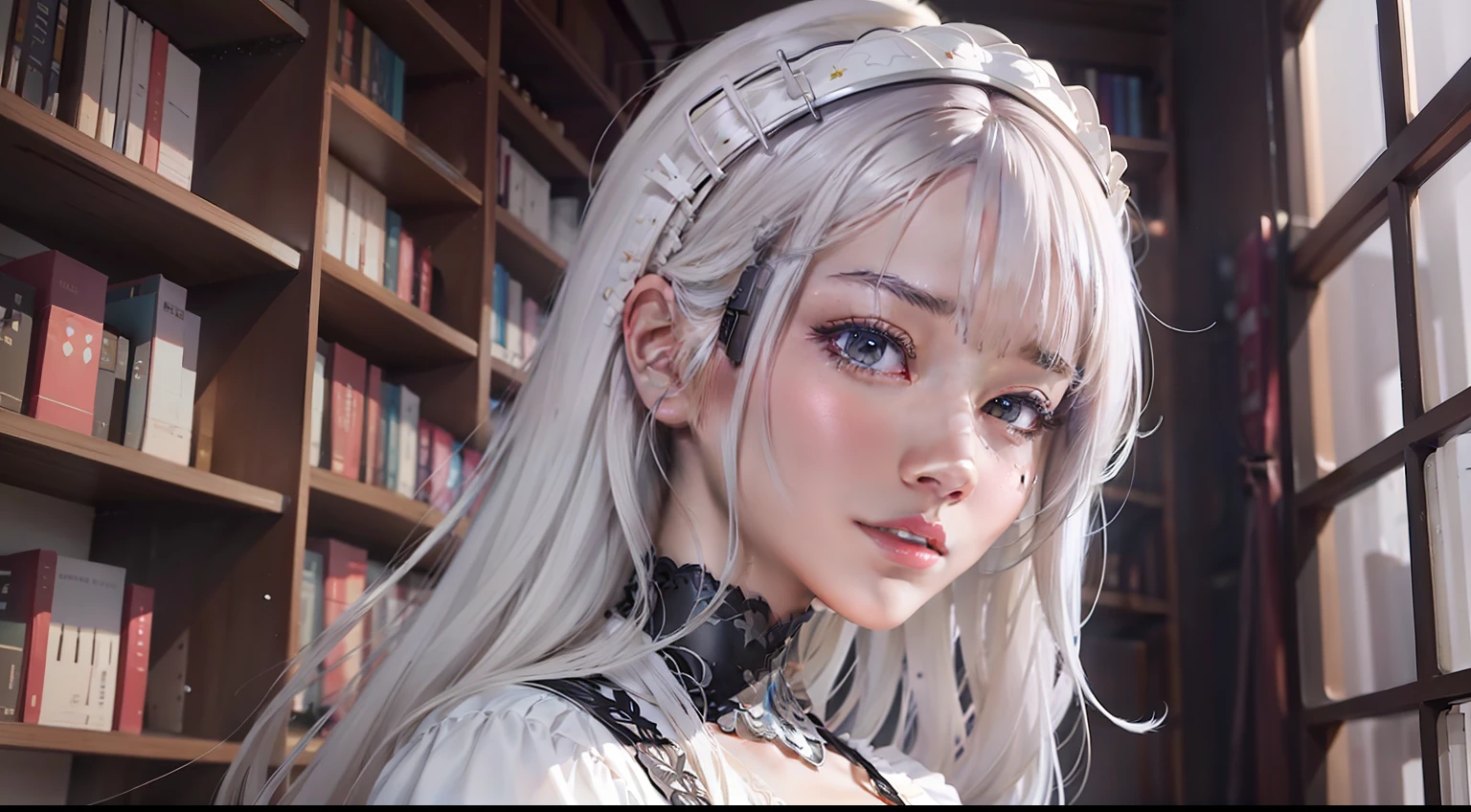 Anime - style image of a woman with white hair in a white dress in front of a bookcase, Smooth anime CG art, made with anime painter studio, portrait anime girl, Portrait of an anime girl, cute anime waifu in a nice dress, anime visual of a cute girl, Digital anime illustration, drawn in anime painter studio, persona 5 art style wlop, Detailed digital anime art