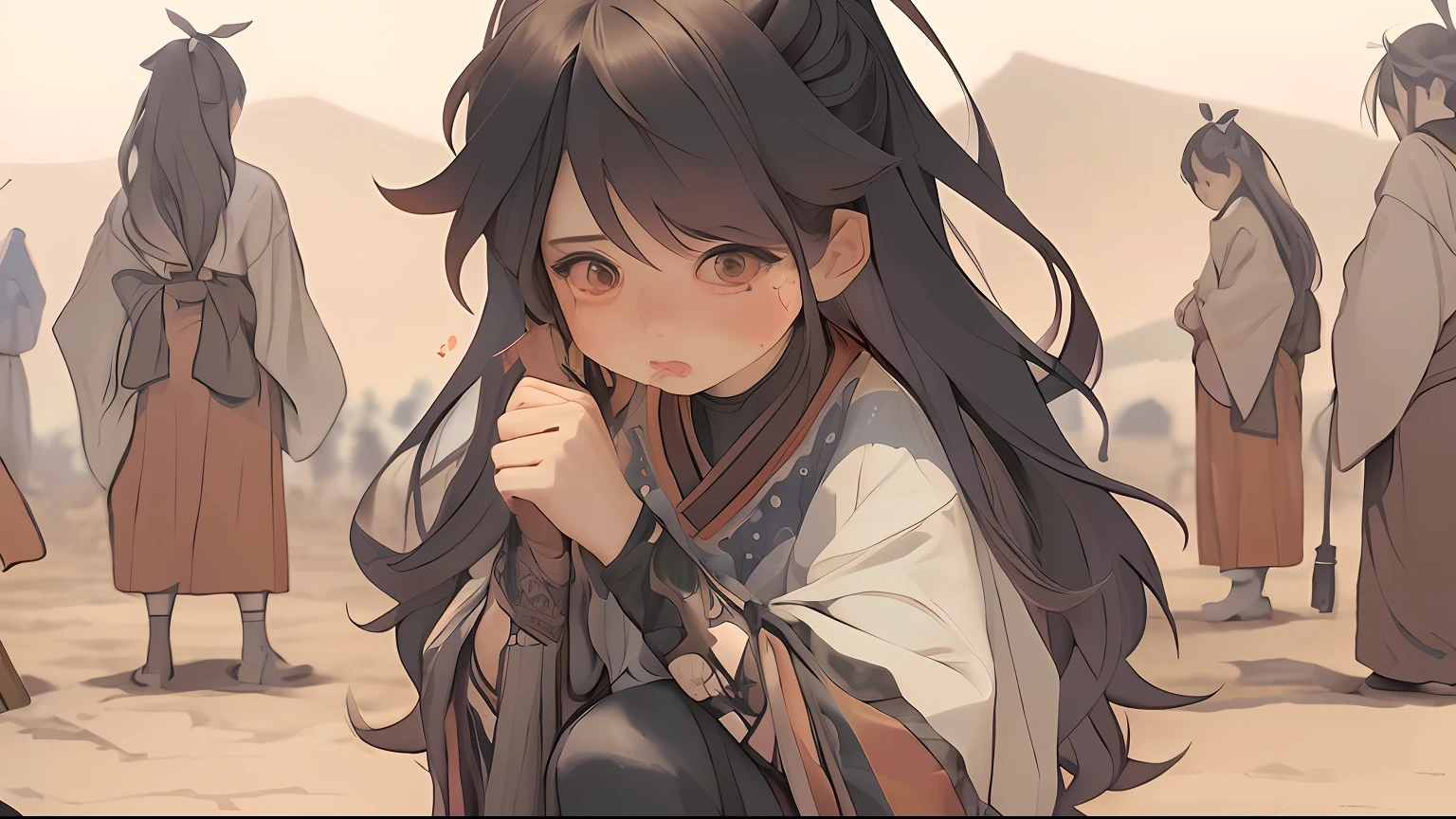 Anime girl with long black hair sitting in front of a group of people, Guviz, Guviz-style artwork, Keqing from Genshin Impact, Ayaka Genshin impact, Kawasi, anime visual of a cute girl, Anime girl with long hair, Detailed digital anime art, Guweiz on ArtStation Pixiv