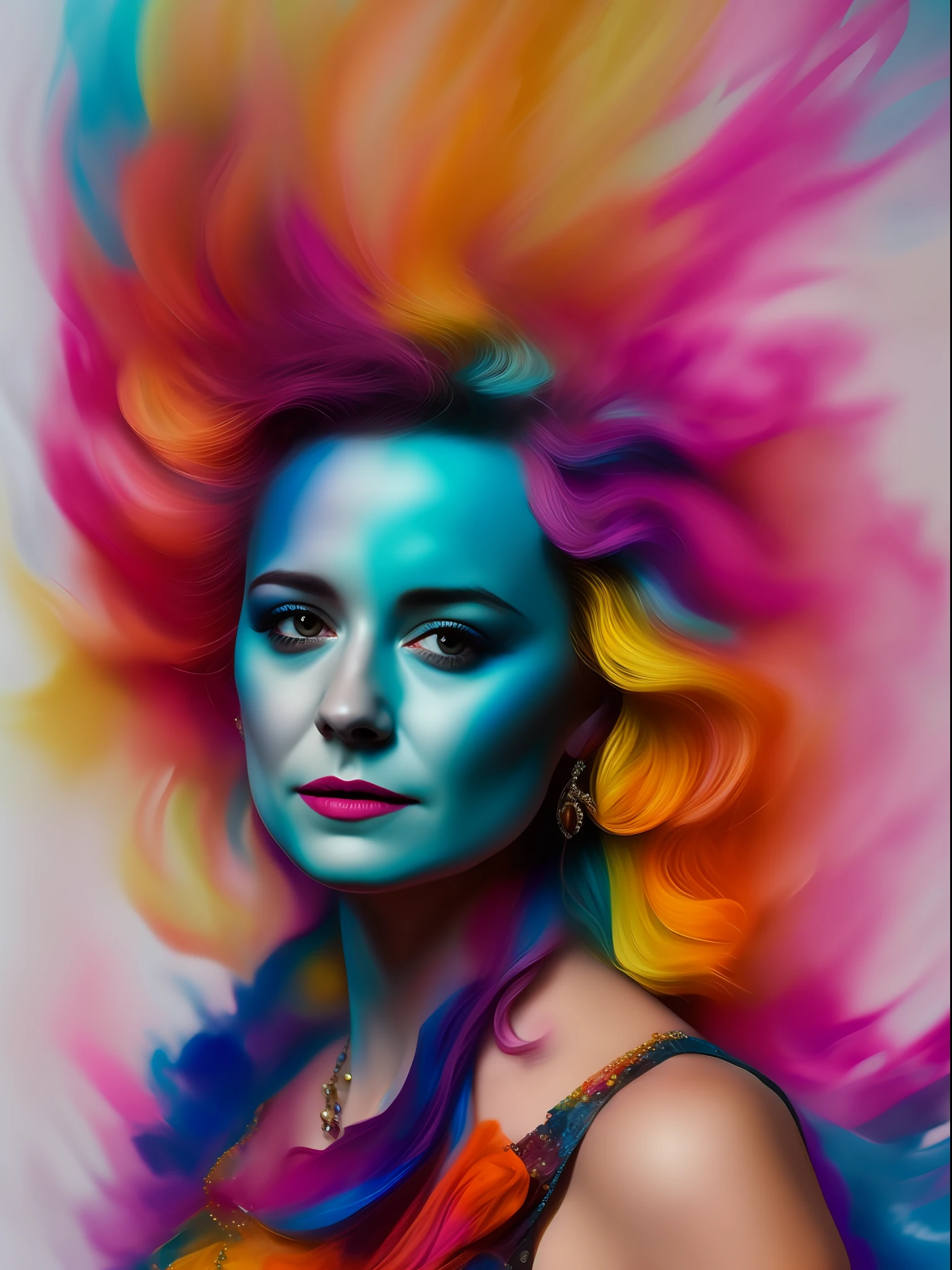 Retrato de uma mulher bonita, jovem de 25 anos, (corpo pintado de tinta colorida, estilo carnaval), Autorretrato realista, 8k UHD, DSLR, grain of film, pintura fotorrealista Fujifilm XT3 arte midjourney, inspirado em Brie Larson