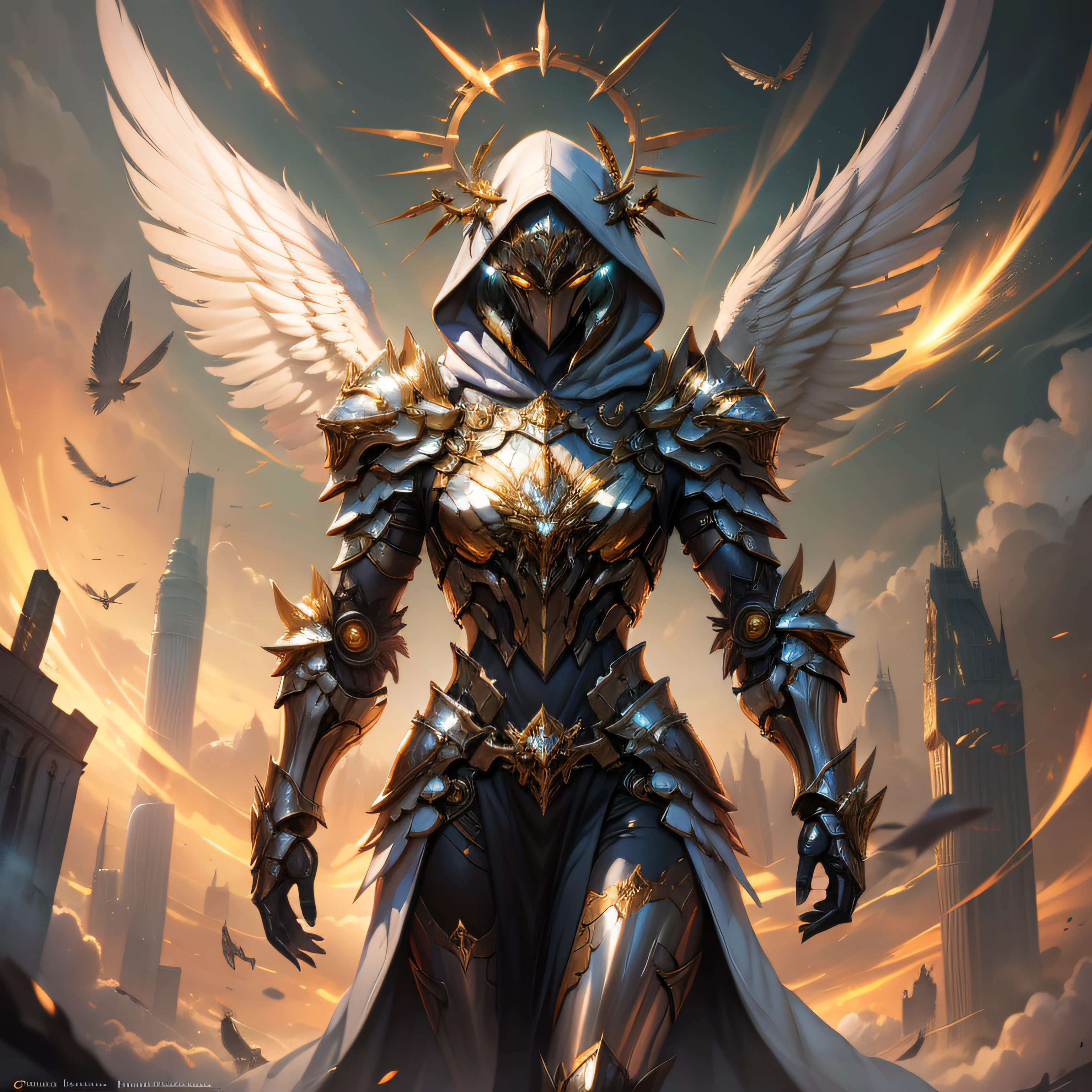 Golden armored angel, wings made of energy, metal halo, no face, hooded, gold, fantasy, concept art, ultra realistic, character art by greg rutkowski