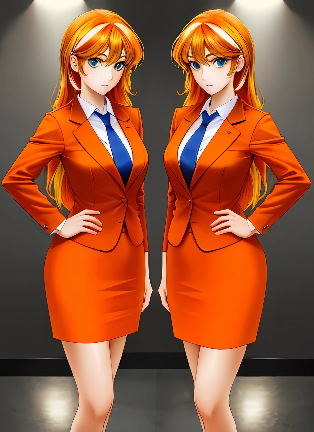 ((best quality)), ((highly detailed)), masterpiece, (detailed eyes, deep eyes), (2girls, duo, identical twins, clones, doppelganger), cowboy shot, SunsetHuman, (multicolored hair, (two-tone hair:1.1), red and blonde hair), BREAK, aqua eyes, ((office ladies, orange skirt suit, orange blazer, long sleeves, orange pencil skirt, orange tight skirt, bare legs, high heels, same color skirt suits)), highly detailed faces, highly detailed bodies, mnstfc, skirt