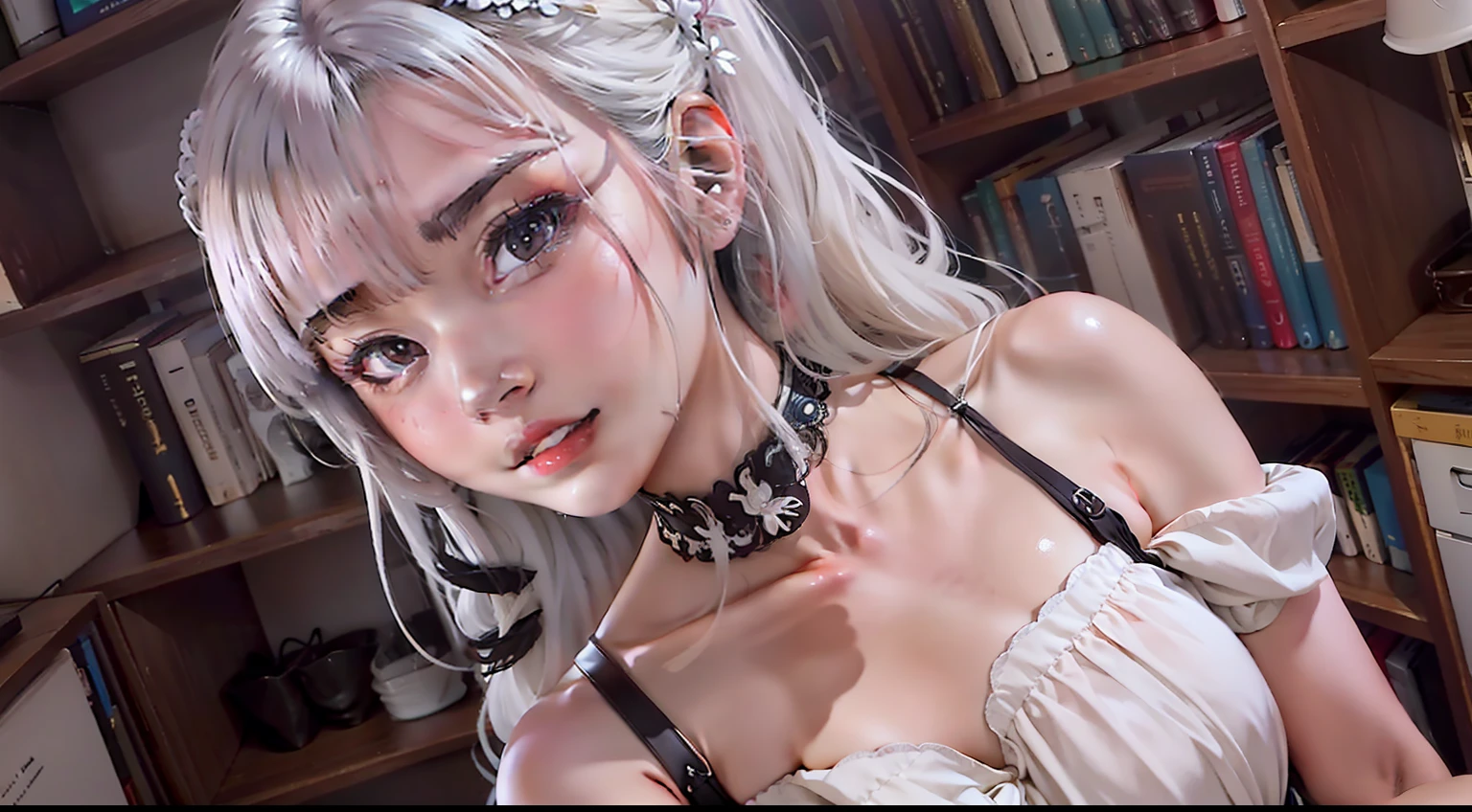 Anime - style image of a woman with white hair in a white dress in front of a bookcase, Smooth anime CG art, made with anime painter studio, portrait anime girl, Portrait of an anime girl, cute anime waifu in a nice dress, anime visual of a cute girl, Digital anime illustration, drawn in anime painter studio, persona 5 art style wlop, Detailed digital anime art