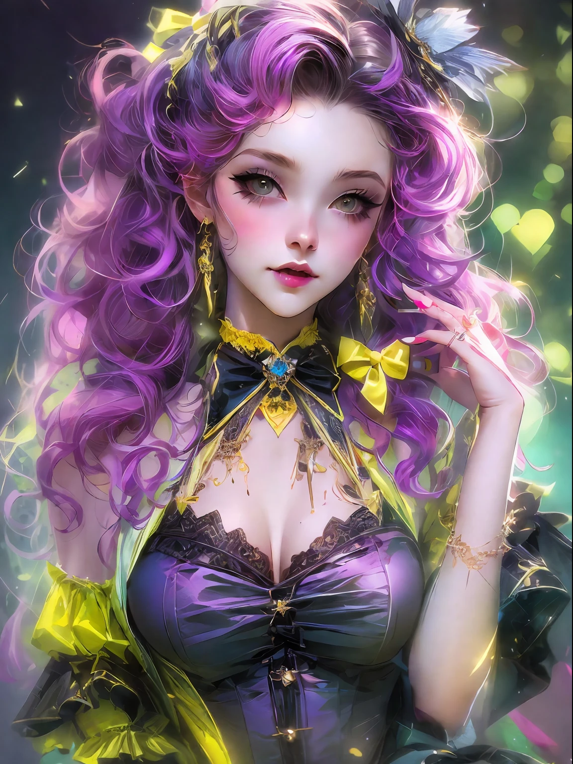 HighestQuali，tmasterpiece：1.2，Detailed details，（high qulity），Kizi，A pretty girl，ssmile，Long black wavy curly hair，yellow bow，Purple clothes，Lolita prostitute，Gorgeous costumes，white backgrounid，Bust，Dingdall effect，k hd