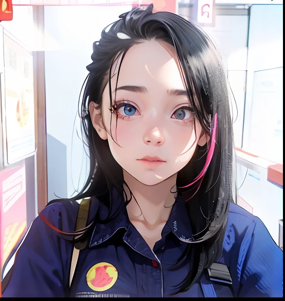 black hair, streaked hair, multicolored eyes, anime style, super detail, ccurate, highres,McDonald's restaurant background,self-shot,young and cute girl