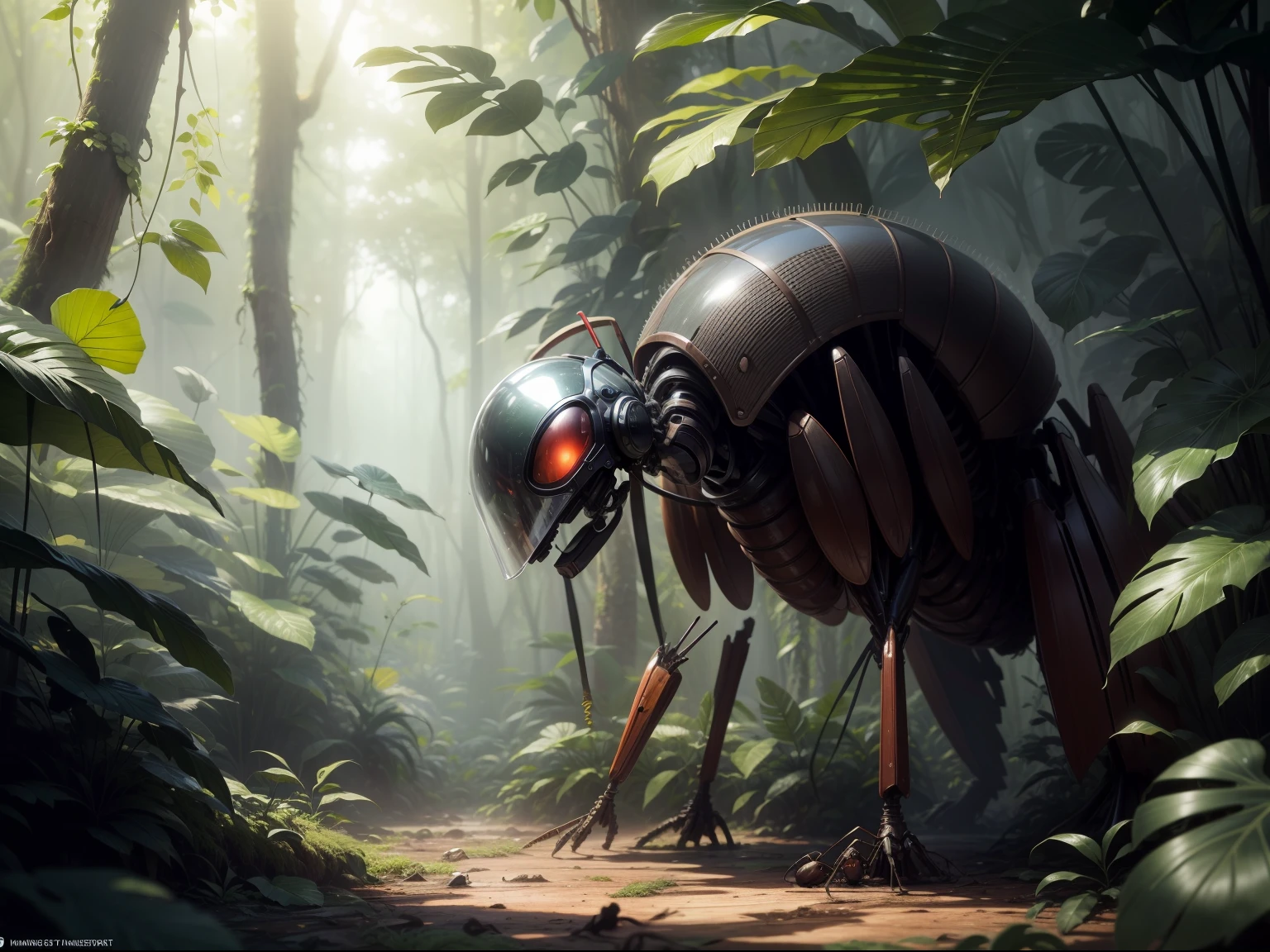 (8k masterpiece best quality: 1.2) a huge fearsome bullet ant wearing a British marine commando helmet, camouflage paint under his eyes, holding machine gun resting on his shoulder, is standing upright looking down on all the thousands of tiny other ants scurrying along the rainforest floor, the humidity is at 100% and condensation is falling from the giant hardwood trees on to the leafy_viney rainforest floor