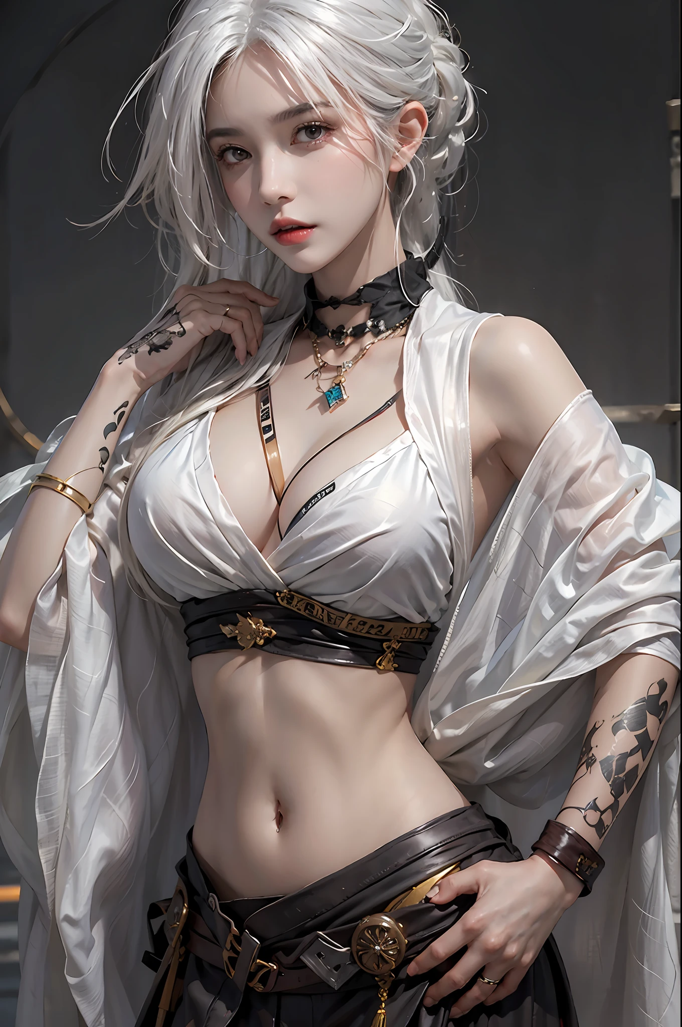 photorealistic, high resolution, 1women, solo, hips up, look at viewer, (detailed face), narrow waist, closed lips, white hair, long hair, assassin clothes, jewelry, belly tattoo