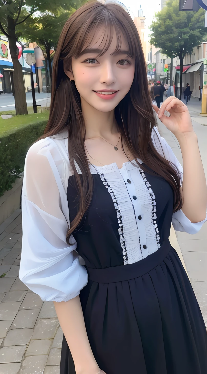 ((top-quality、8K、​masterpiece:1.3))、1girl in、A smile、full body Esbian、Slim Faces、Pretty women、(dark brown  hair)、Full-length dresses:1.1、hyperdetailed face、A detailed eye、二重まぶた、blured background、Slim Faces、城市、takeout、a street、With bangs、Curly hair、a park、frontage、medium chest